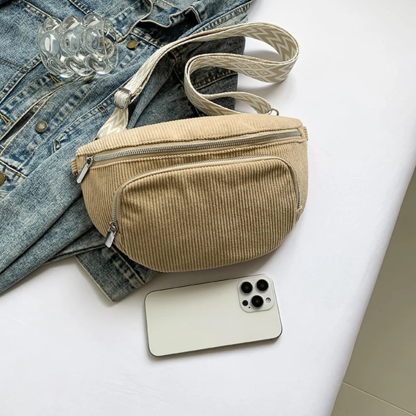 Sac banane femme en velours côtelé grande capacité voyage promener chien