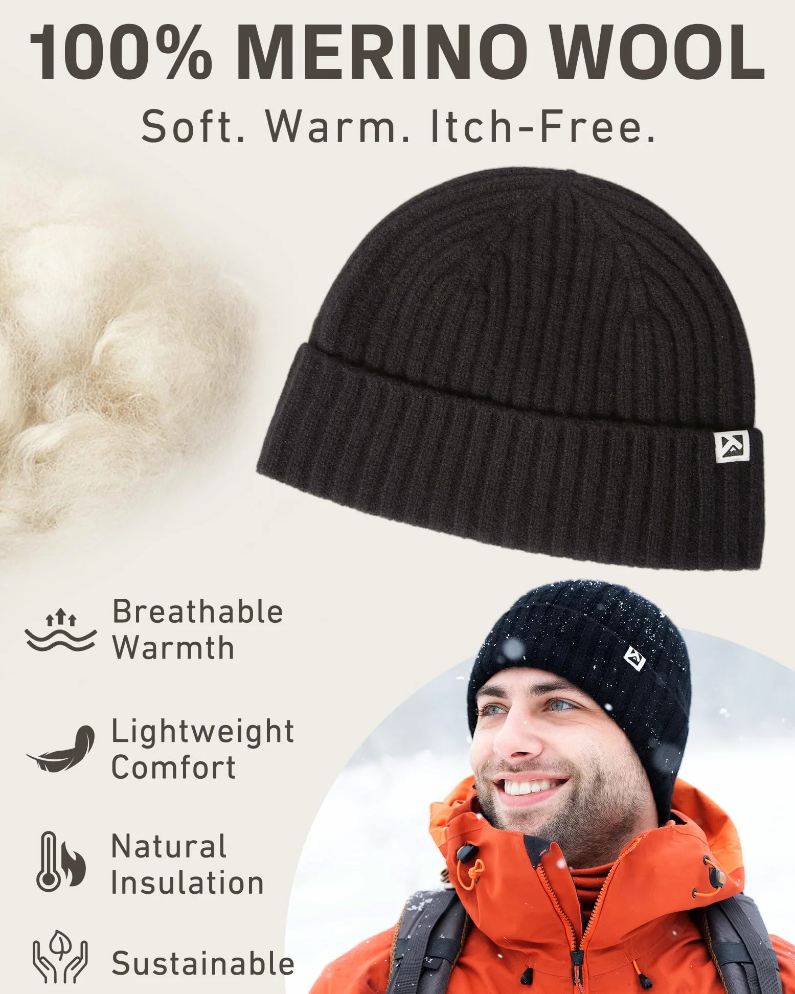 TOP-EX Bonnet L/XL/XXL 100 % laine mérinos avec doublure en polaire