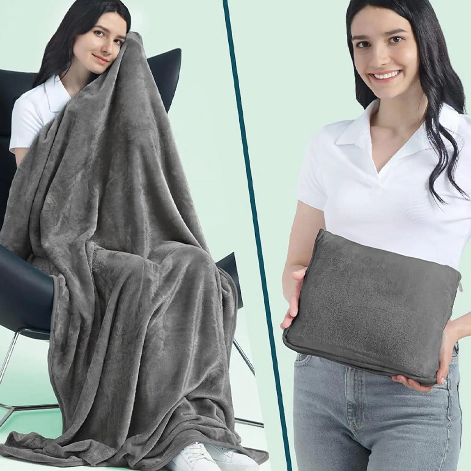 Couverture de voyage avion 2 en 1 avec coussin de transformation, taie d'oreiller et bouchons d'oreilles - Couverture douce et chaude