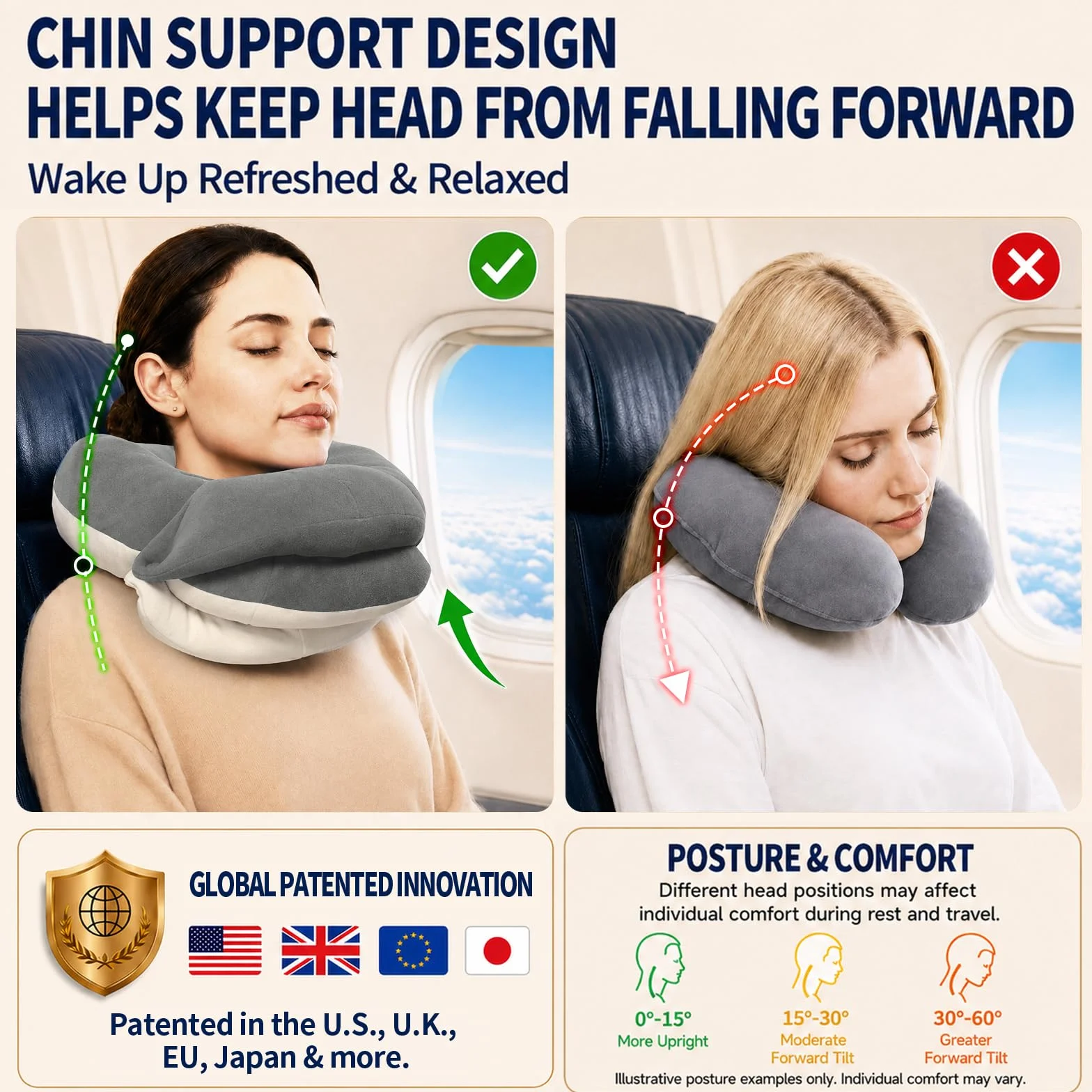 BUYUE Coussin de nuque de voyage 360° pour avion avec masque 3D, bouchons d'oreilles et sac
