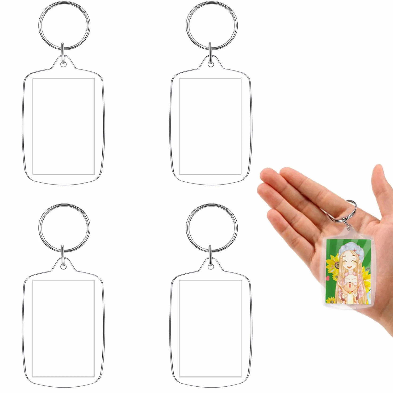 Porte-Clés Photo en Acrylique 4 Pièces, Porte Clés Cadres Transparents avec Anneau Brisé