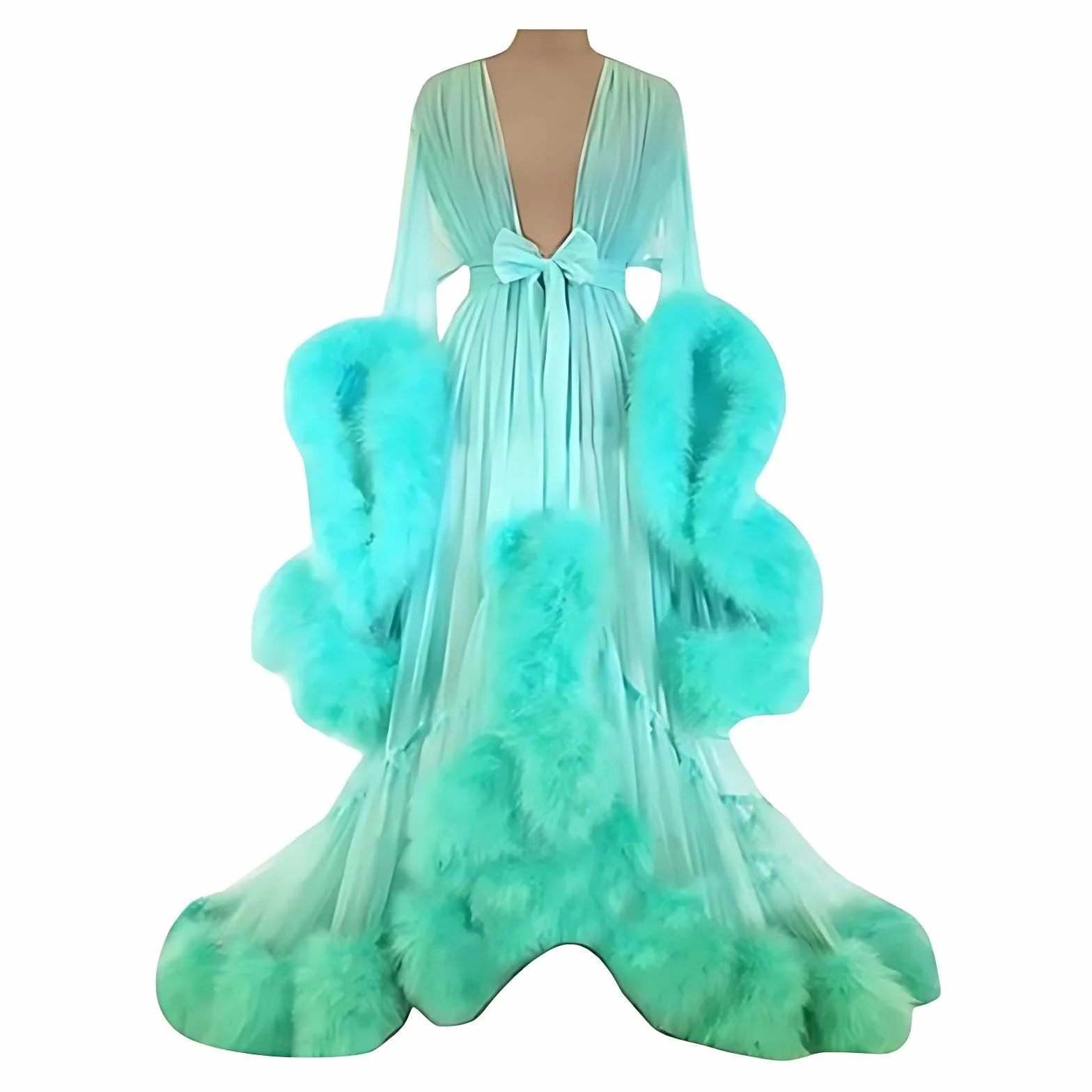 Kimono Sexy Robe Perspective Lingerie Nuisette Plumes Ceinture Grande Taille Maille Transparente One Size