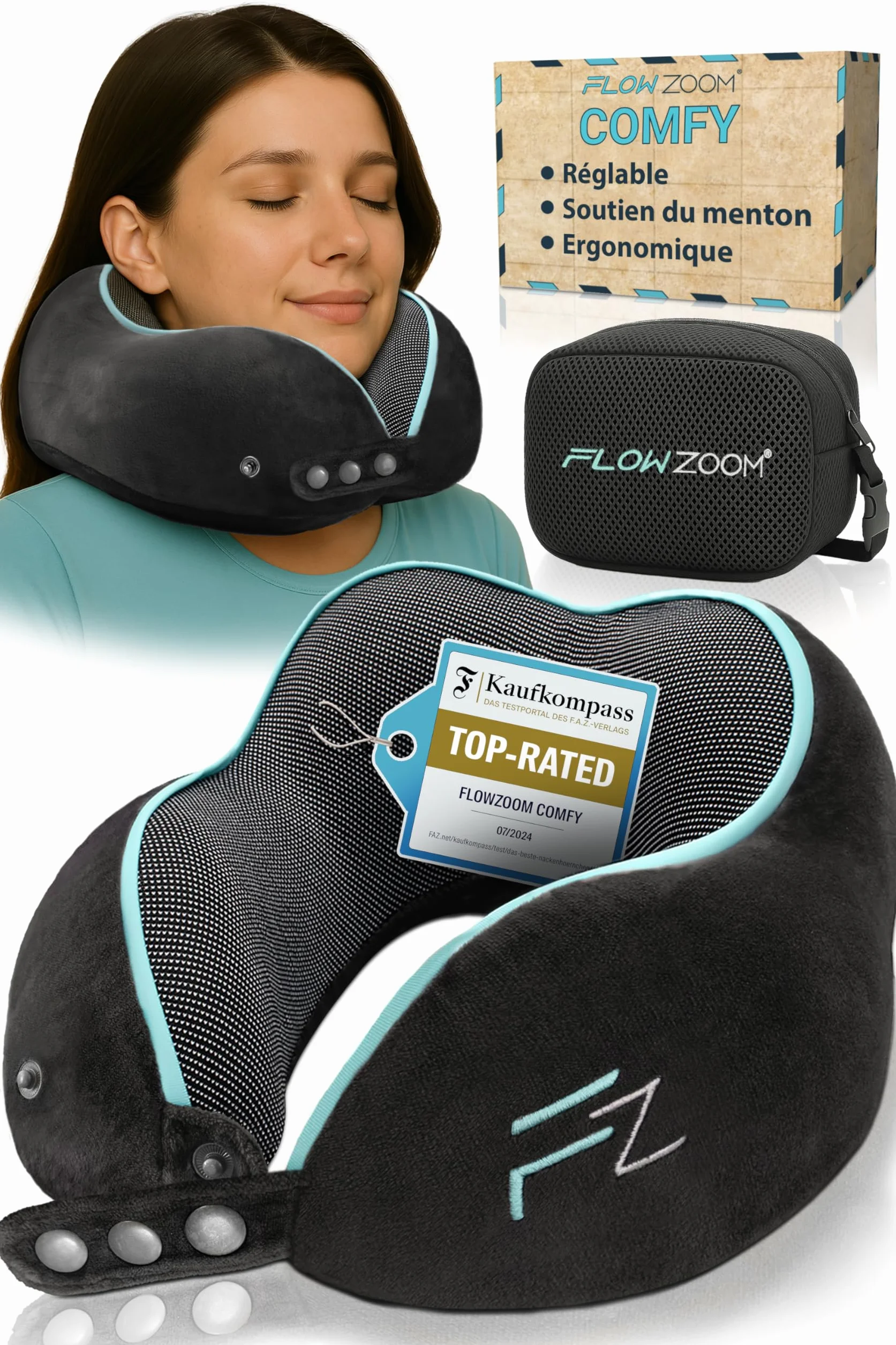 FLOWZOOM Oreiller de Voyage en Mousse à Mémoire de Forme pour Avion et Voiture, Coussin Réglable Soutien 360°, Housse Lavable, Noir