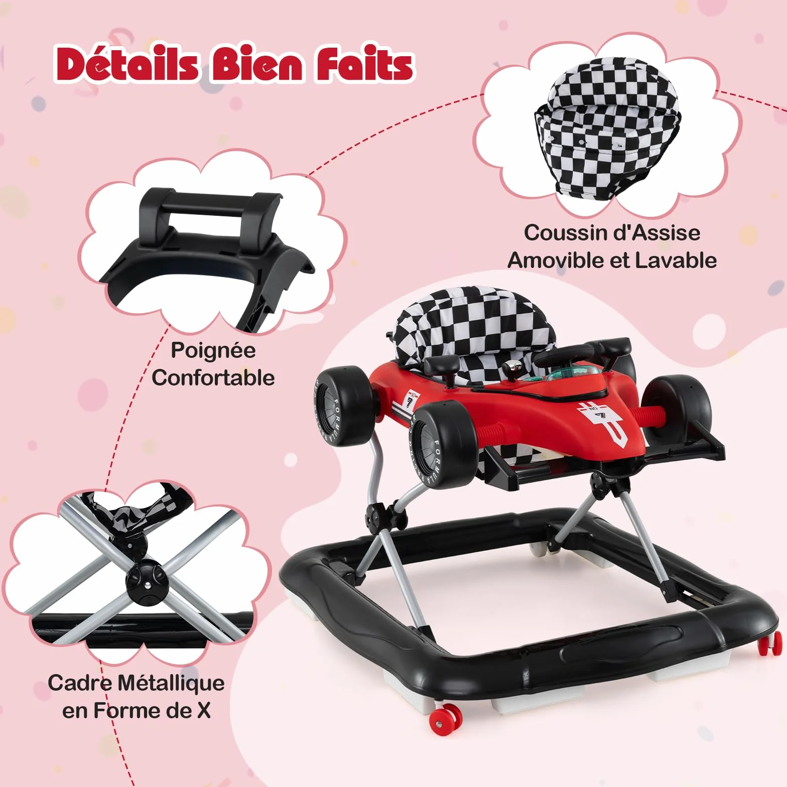 GOPLUS Trotteur Bébé 4 en 1 Pliable avec 3 Hauteurs Réglables, Musique, Lumières, Charge 12 KG 6-12 Mois Rouge