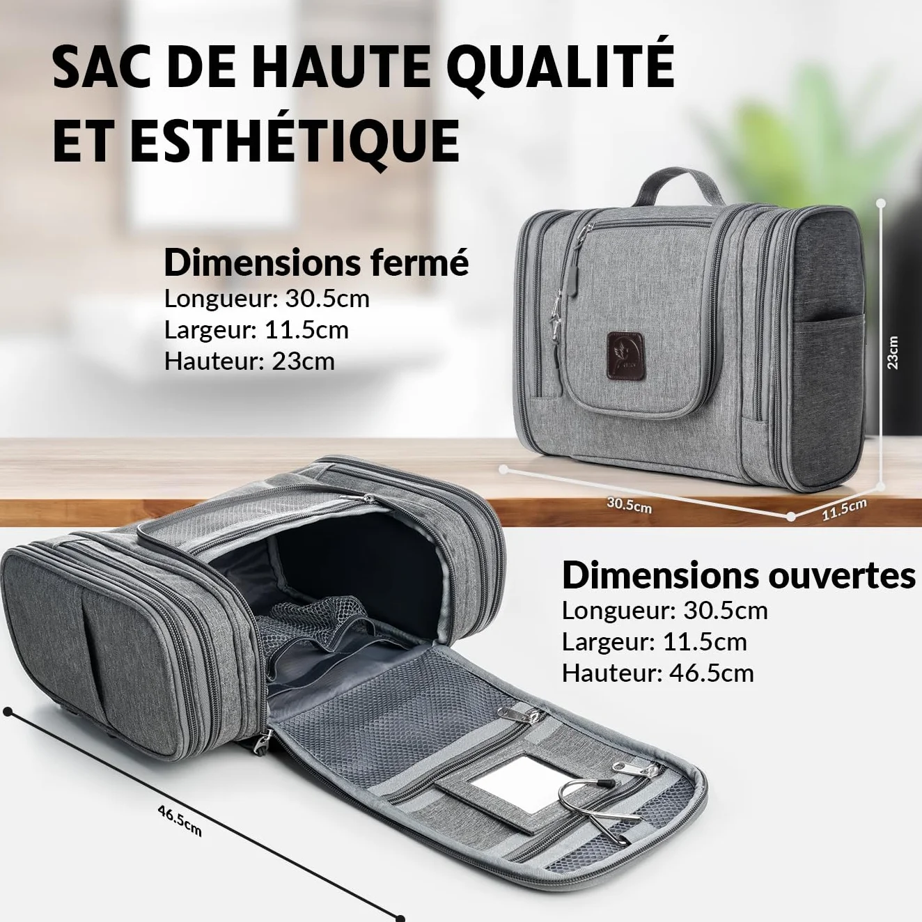 Obics® Trousse de Toilette Voyage 8L Gris Grand Sac à Cosmétiques avec Poignée de Suspension et Miroir 10 Compartiments