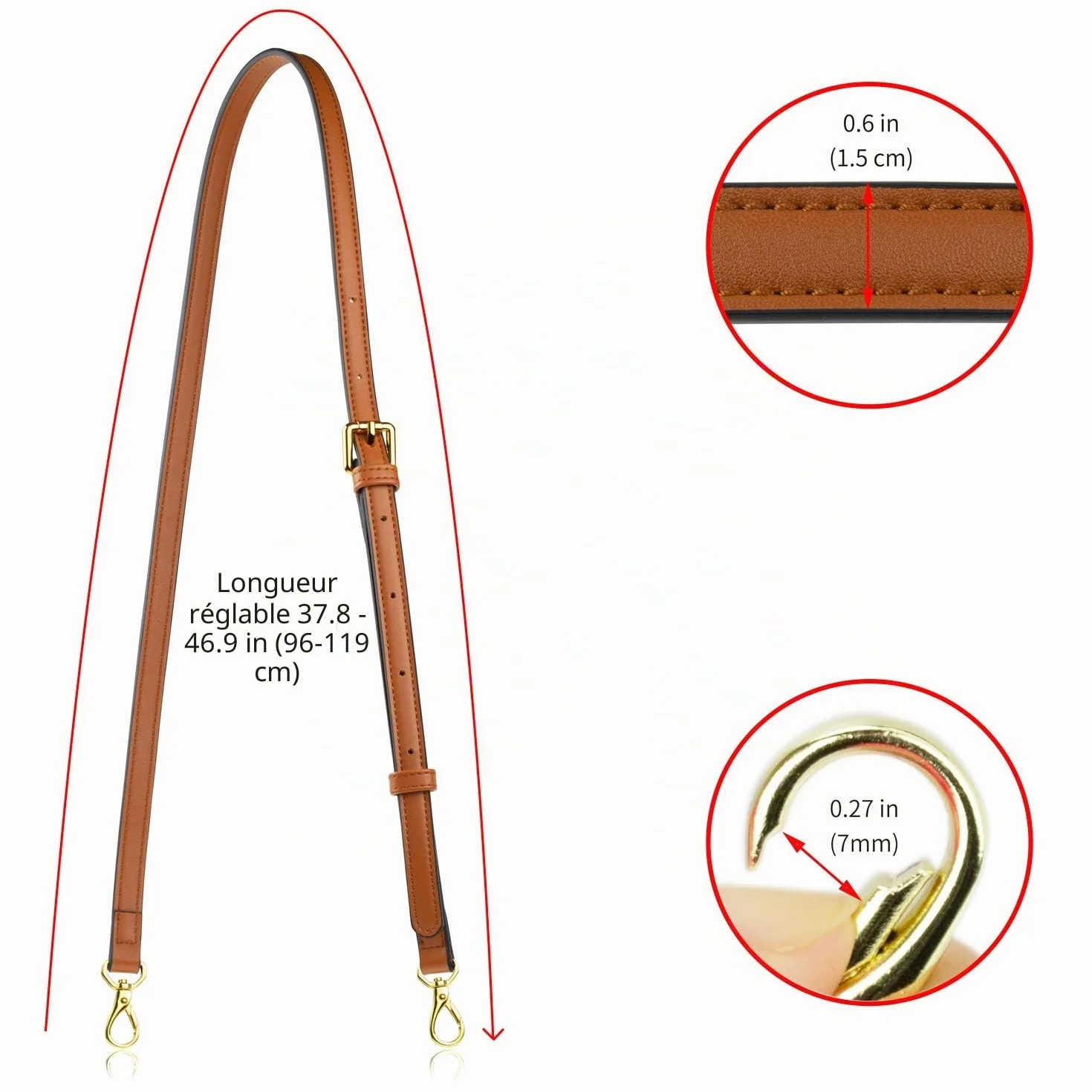 Sangle de Rechange en Cuir pour Sac à Main Longue et Réglable Marron Taille M