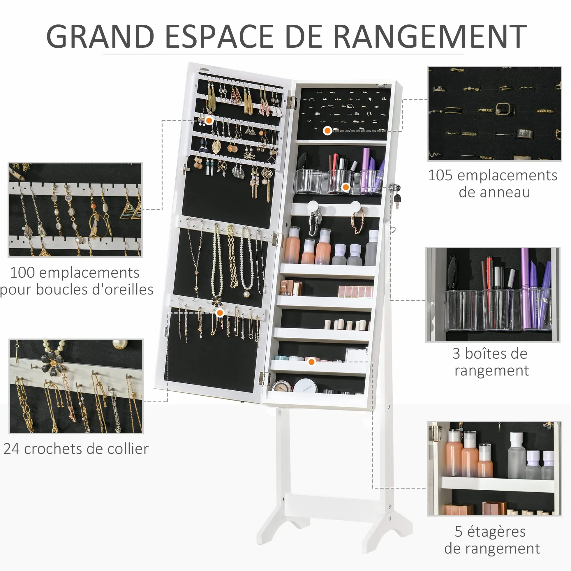 HOMCOM Armoire à bijoux LED avec miroir sur pied blanc