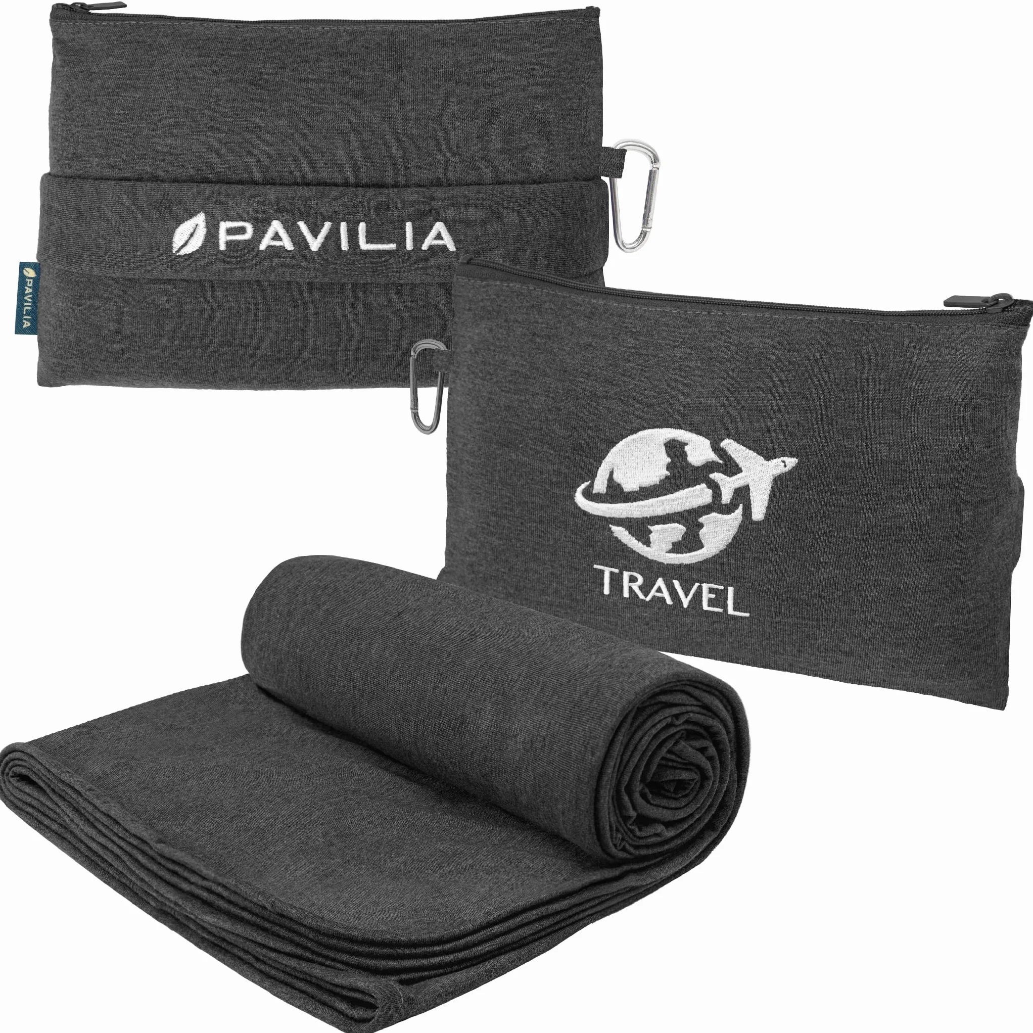 PAVILIA Couverture de Voyage Compacte Sac Pliable en Polaire Douce Ensemble de Coussins Portables Avion Clip Sac à Dos Noir