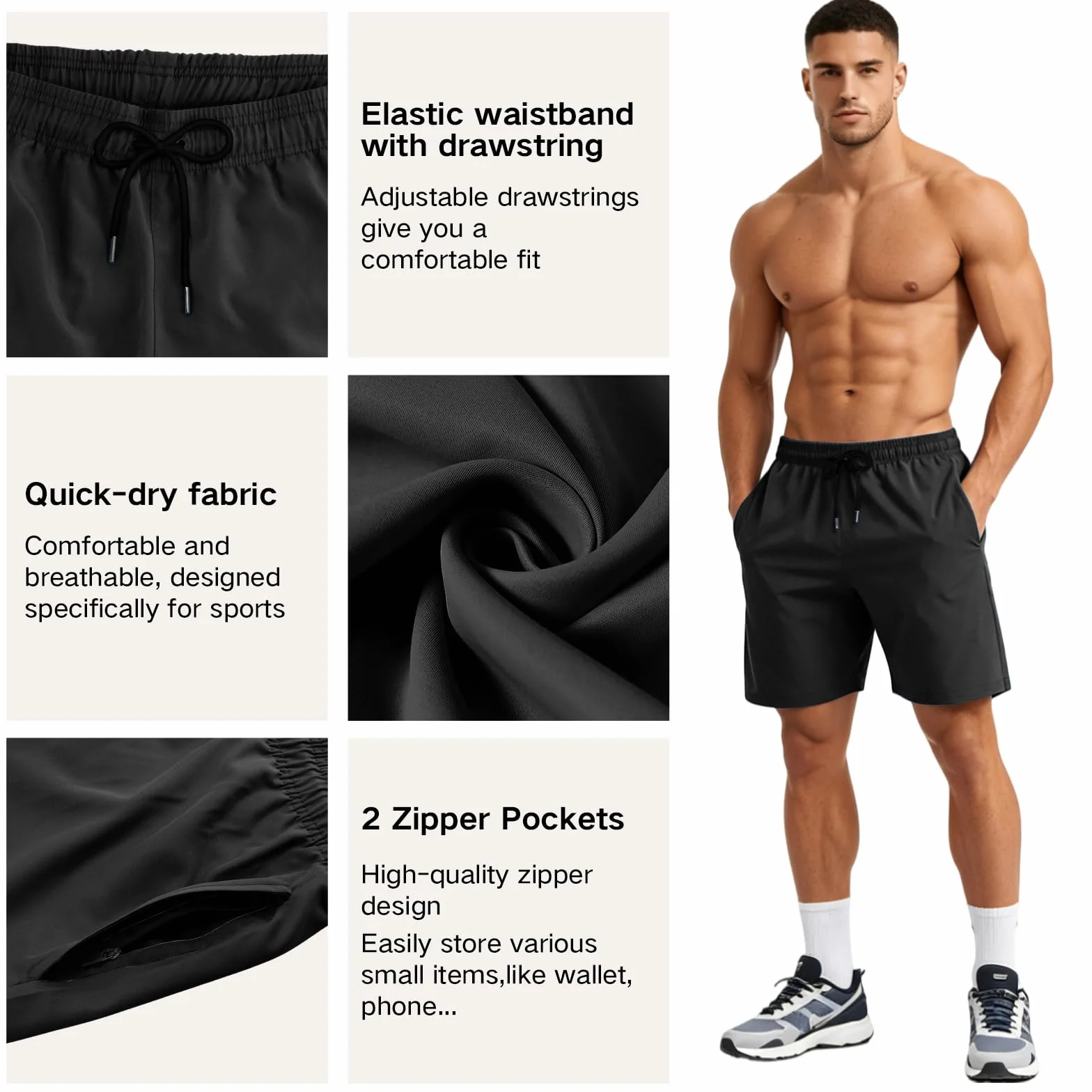 Maillot De Bain Homme Séchage Rapide Sport Bermuda Short Respirant avec Poche Zippée Et Cordon Élastique