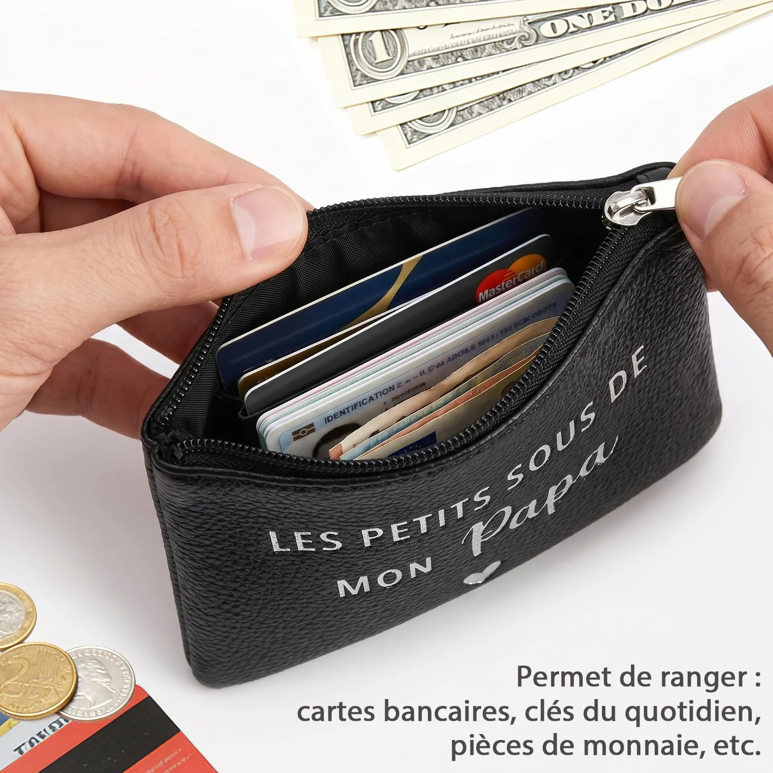 Porte-Monnaie Homme PU Mini Portefeuille Noir avec Fermeture Eclair pour Cartes Monnaie Clés