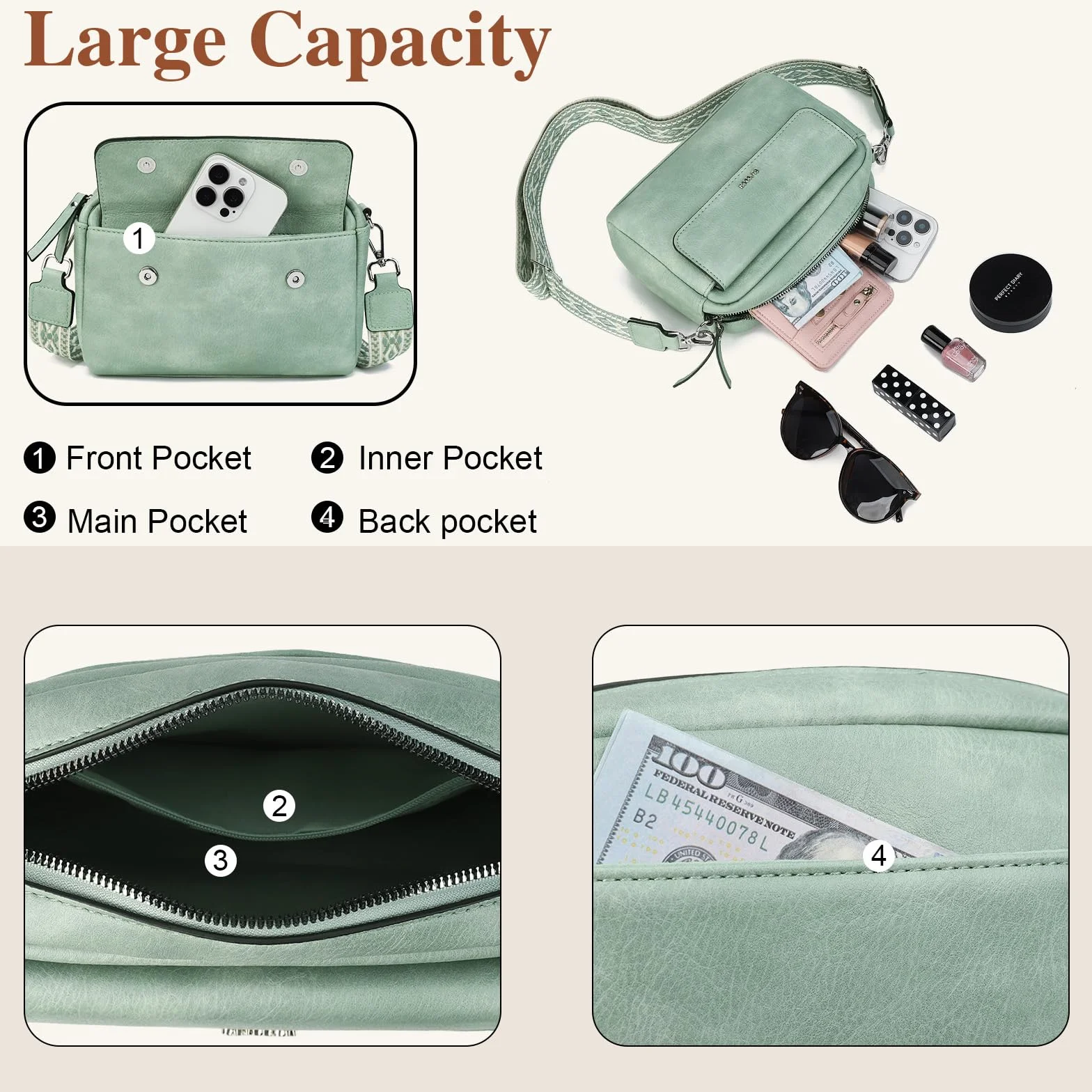 Sac bandoulière femme cuir léger imperméable avec bandoulière amovible