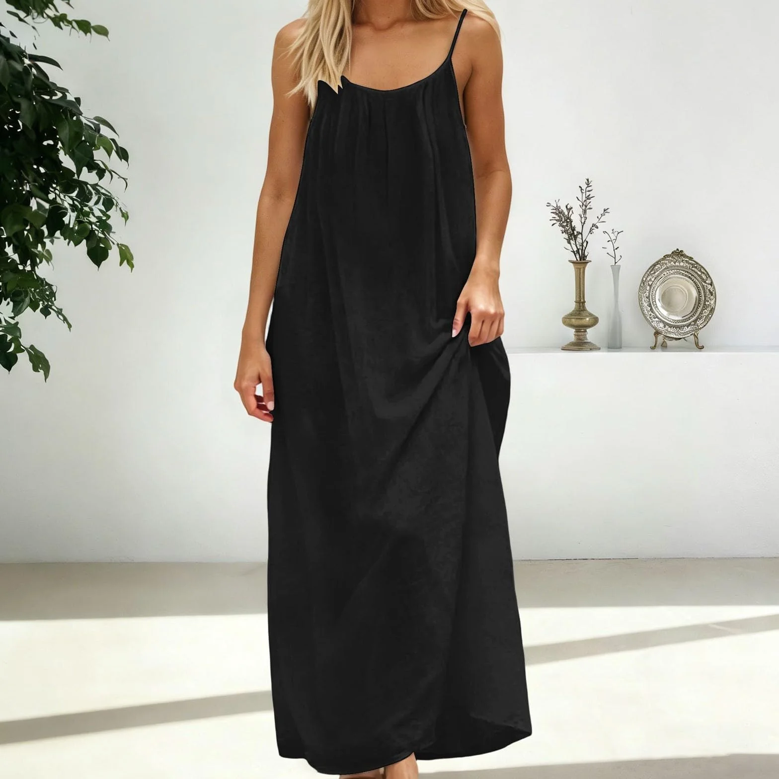 Générique Backless Lounge Dress Casual Sleeveless Cami House Dress for Women Soft Loose Fit Summer Gown