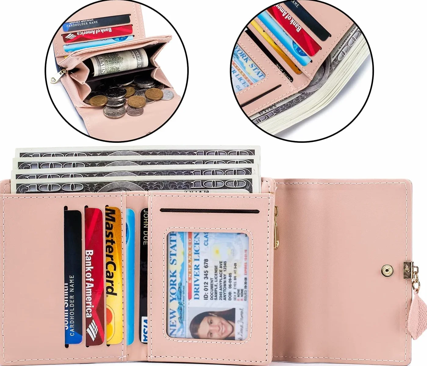 Portefeuille Femme Cuir Synthétique Blocage RFID Porte-Monnaie Boutons-Pression Forme Feuille
