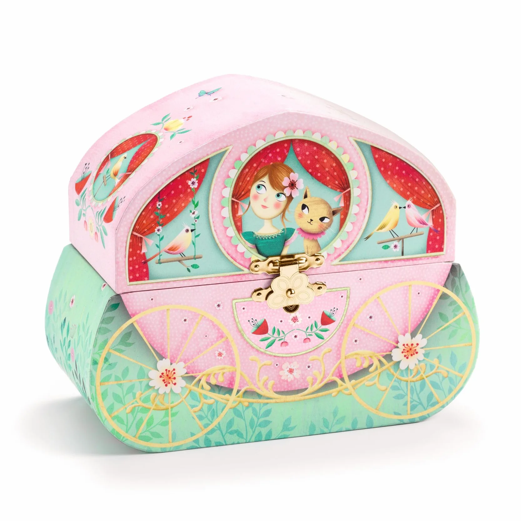 DJECO Boîte à Musique Balade en Carrosse - Rangement Bijoux Élégant - Mélodie Harmonieuse - Papier et Velours, Miroir