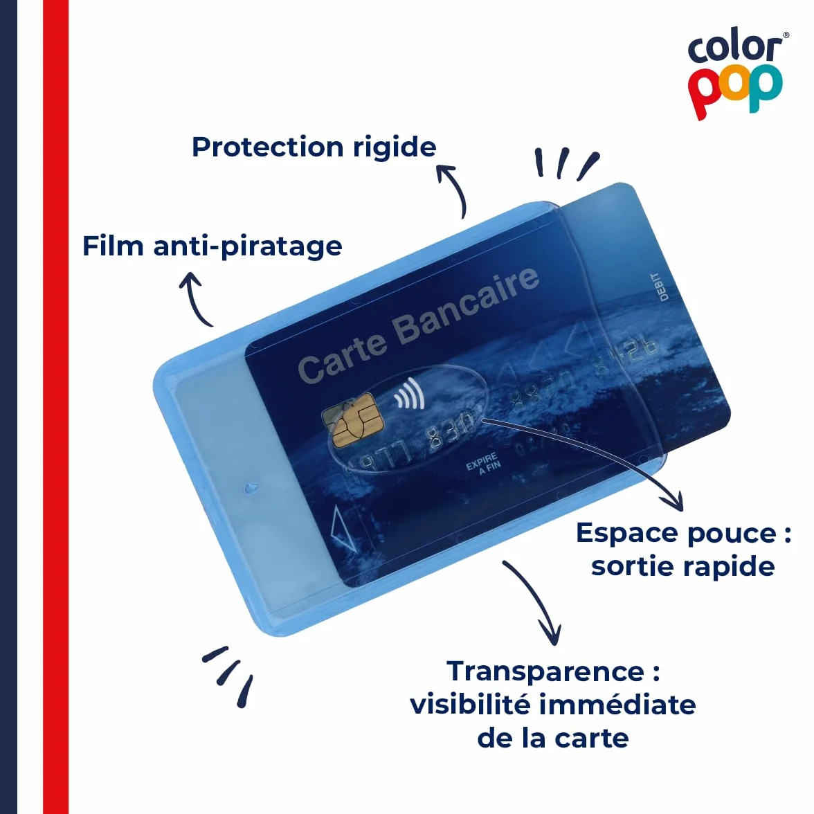 Color Pop Etui Rigide blindé 1 Carte bancaire Anti-RFID 6 x 9 cm Bleu