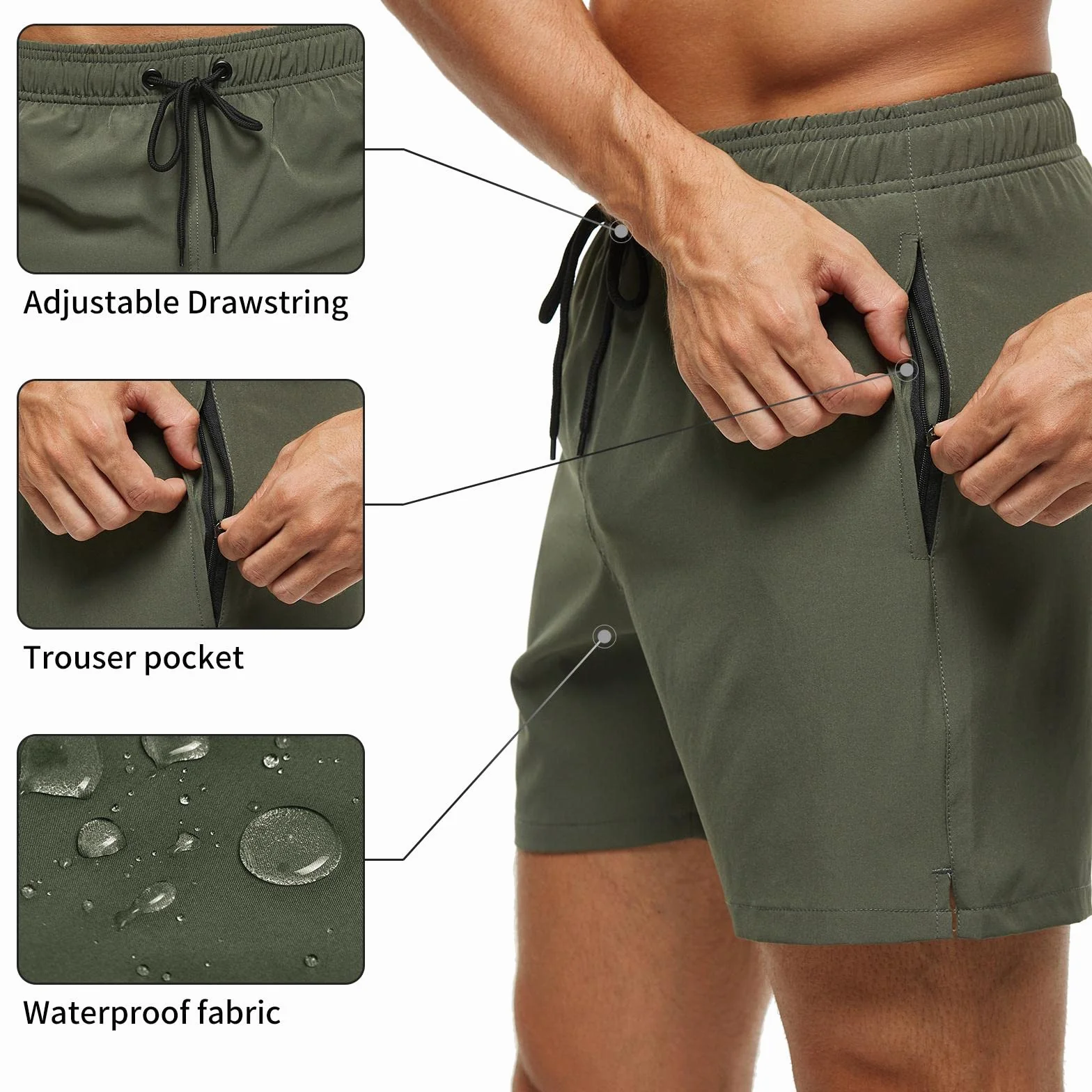 EDOTON Maillot de Bain Homme Poche Zippée Imperméable Séchage Rapide Cordon Serrage Réglable