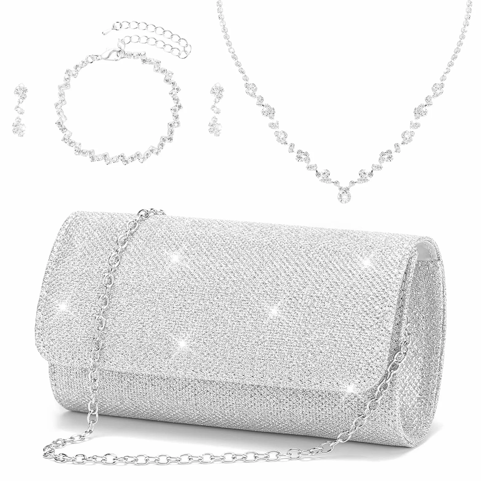 Sac à Main Argenté avec Collier Bracelet Boucles d'Oreilles Pochette Mariage Soirée