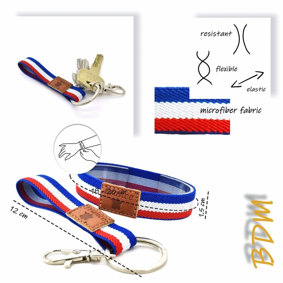 Bracelet Drapeau Français Tricolore avec Étiquette Cuir – Porte-clés ou Ensemble | Fierté Française Les Bleus