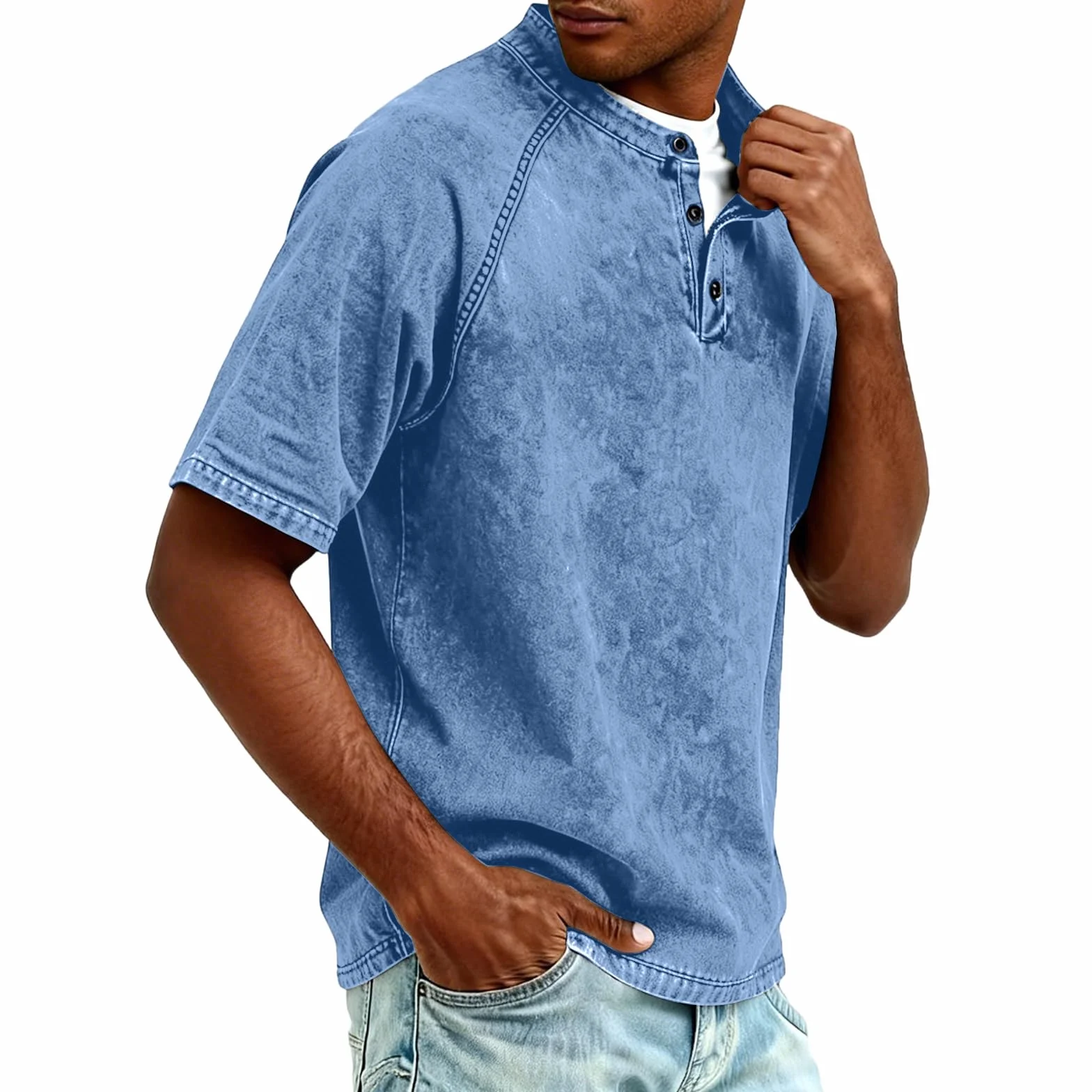 Henley T-Shirt Homme Coupe Ajustée Manches Courtes Vintage Distressed Oversize