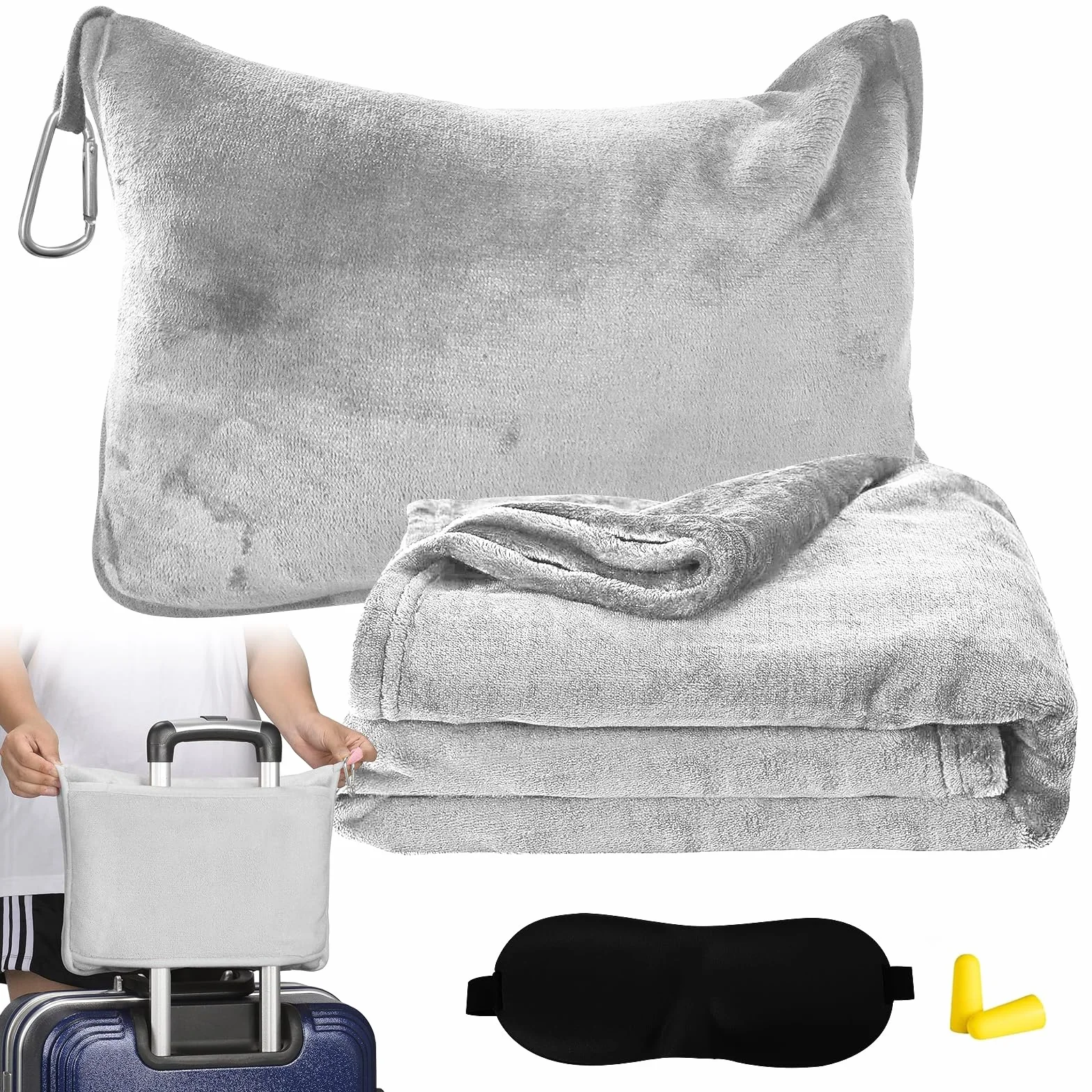 Couverture de voyage avion 2 en 1 coussin transformable ultra légère avec masque de sommeil et bouchons d'oreilles portable
