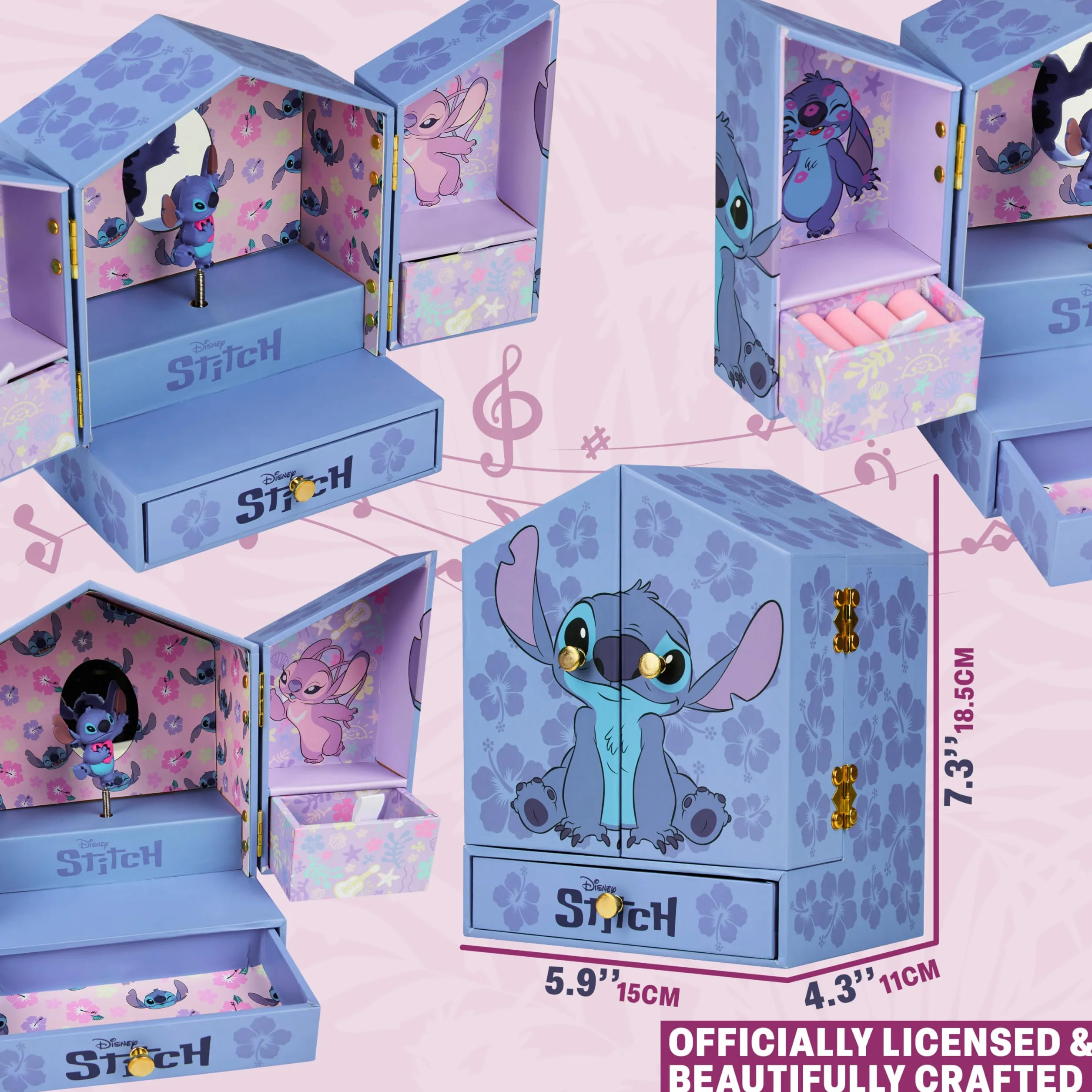 Disney Stitch Boîte à Bijoux Musicale Fille Coffret Cadeau avec Miroir Tiroirs Rangement Bleu