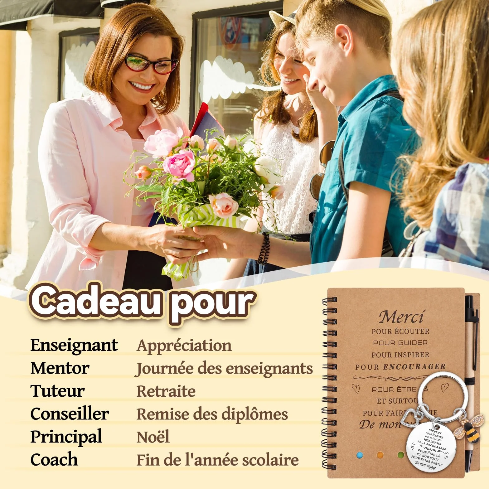 Cadeau Maîtresse d'École Original, Porte Clef Utile Professeur Retraite, Carnet Note Fin d'Année