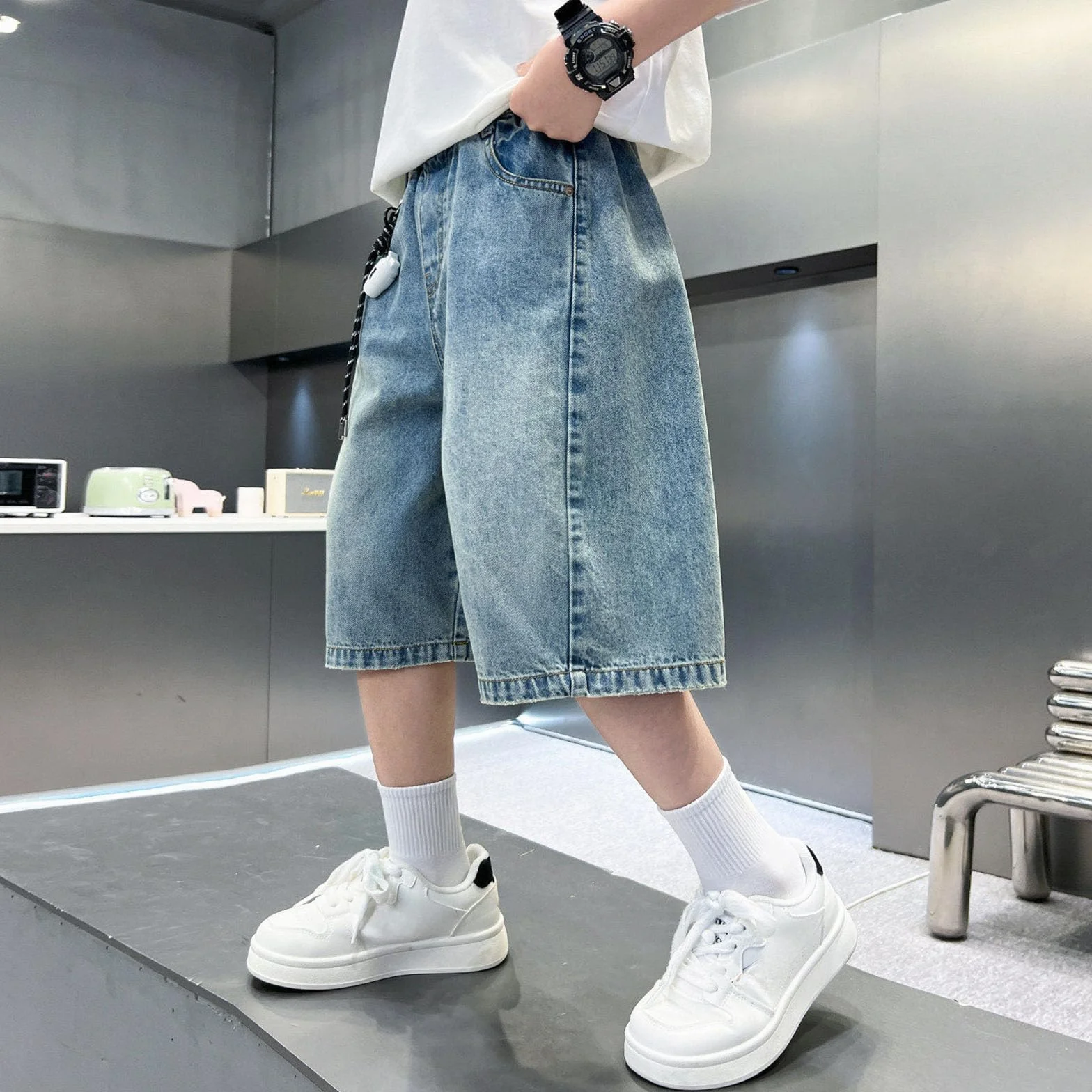 Jogging Baggy Pantalon Sport Court Solide Ample Respirant Cargo Ado Garcon Taille élastique Longueur Genou Jambe Large Streetwear