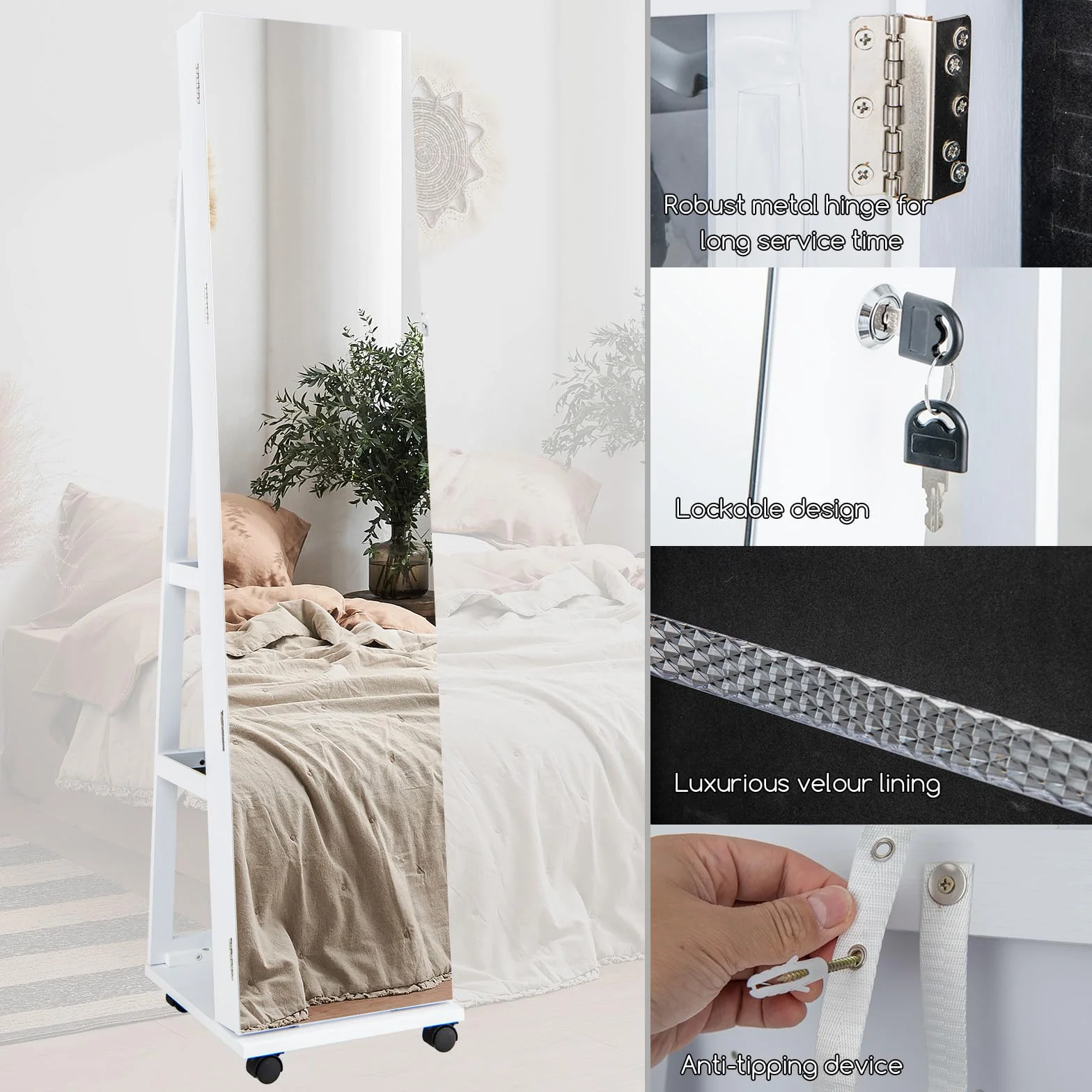 HOMASIS Armoire à bijoux sur roulettes avec lumières LED 3 couleurs, étagères réglables, miroir, 40 x 38 x 163 cm