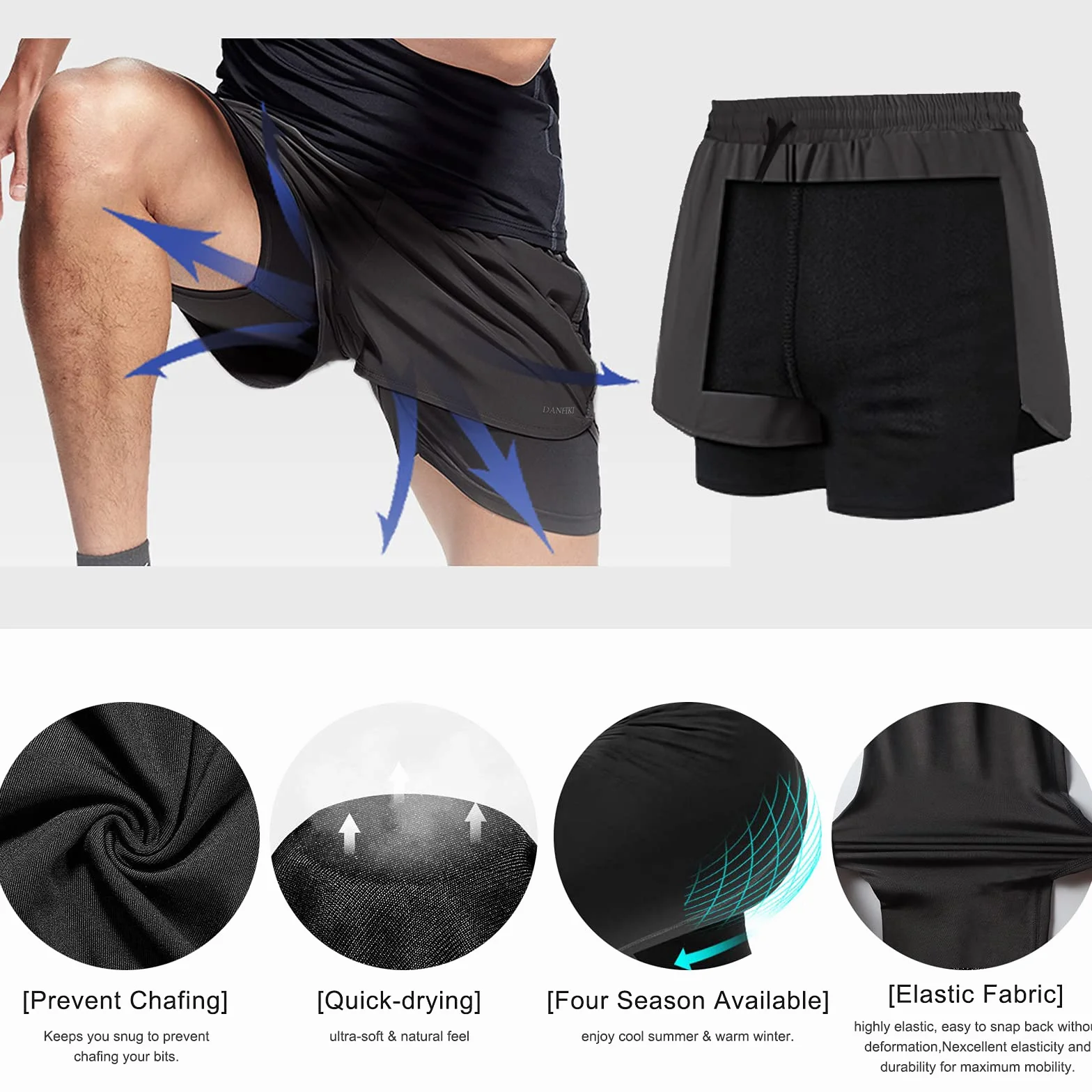 Short de Sport 2 en 1 Respirant pour Homme avec Poches Séchage Rapide Leggings Base Layer Stretch