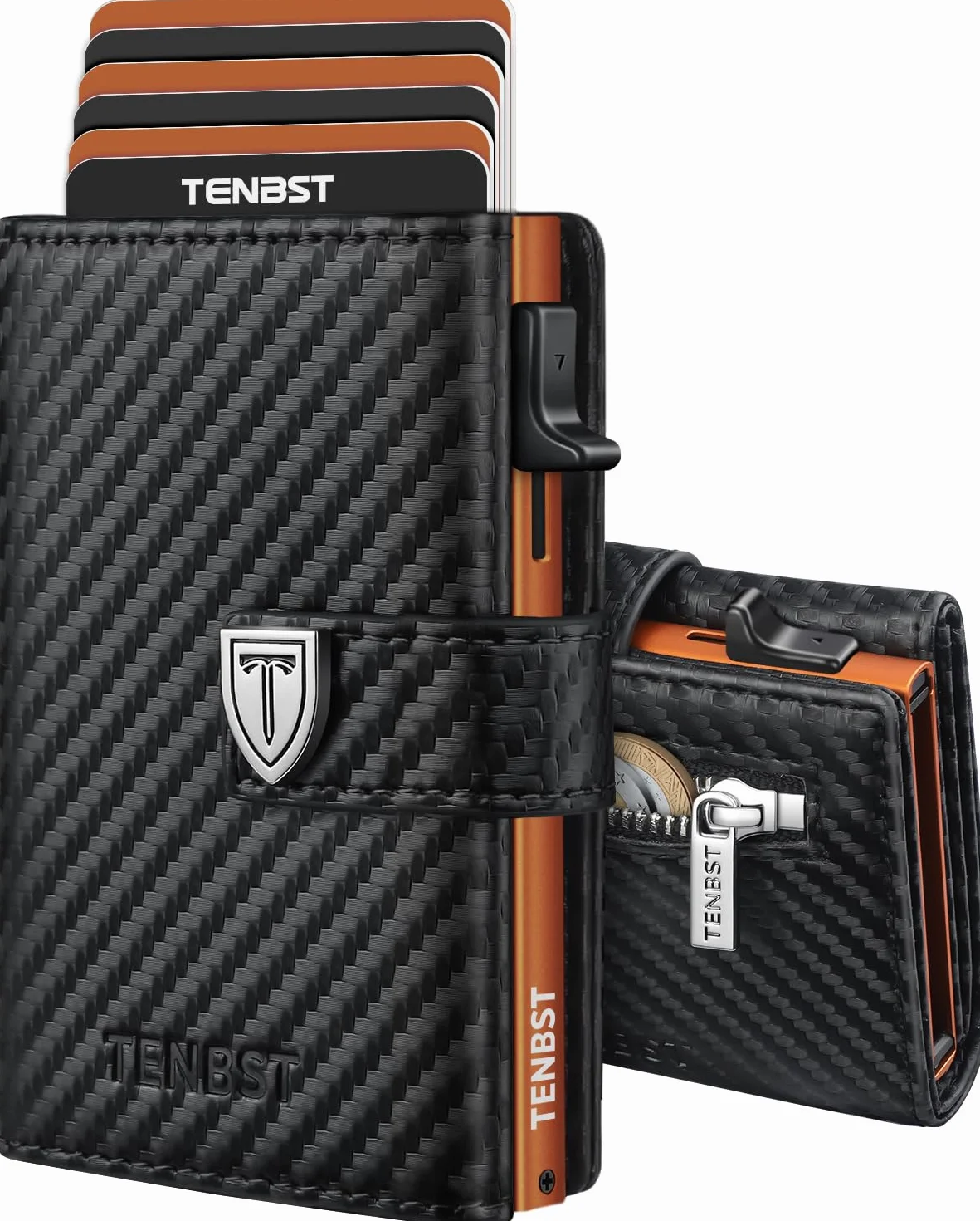 TENBST Portefeuille Homme Ultra Fin RFID Protection 10 Cartes Crédit Noir Orange