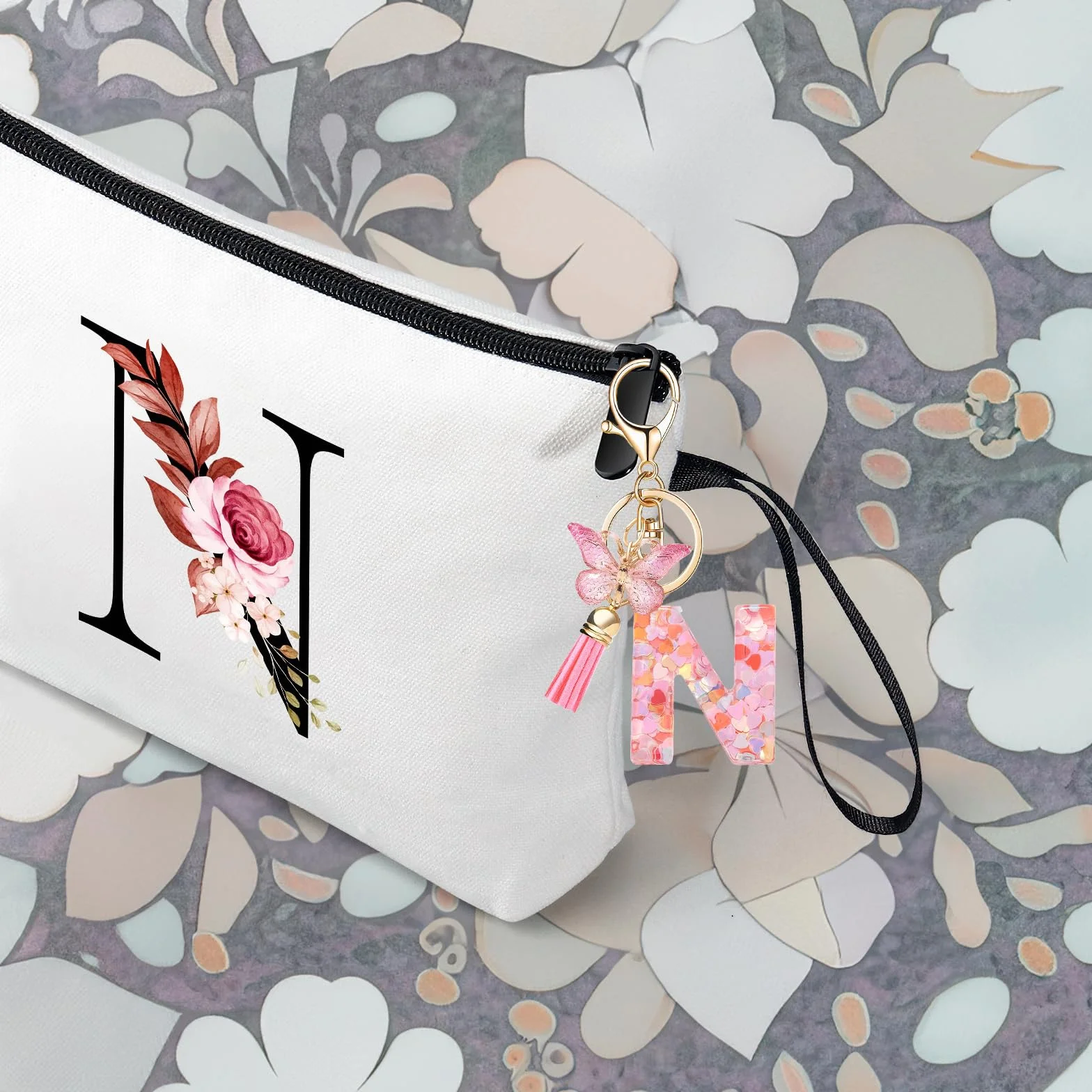 Trousse Personnalisée Maquillage Porte-Clés Lettre Rose pour Femmes Fille Maman Noël Anniversaire N