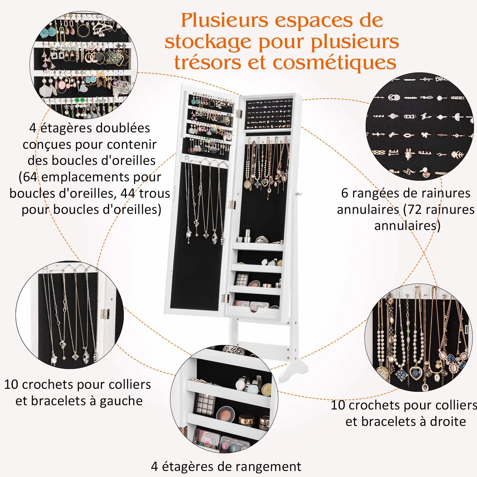 COSTWAY Armoire à bijoux sur Pied avec Miroir Psyché Coffre de Rangement Cosmétiques, 3 Positions Réglables, Blanc
