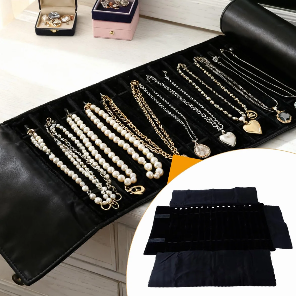 Ausi Rouleau à bijoux pliable, sac de rangement de voyage pour colliers, bracelets, boucles d'oreilles, noir, 16 colliers