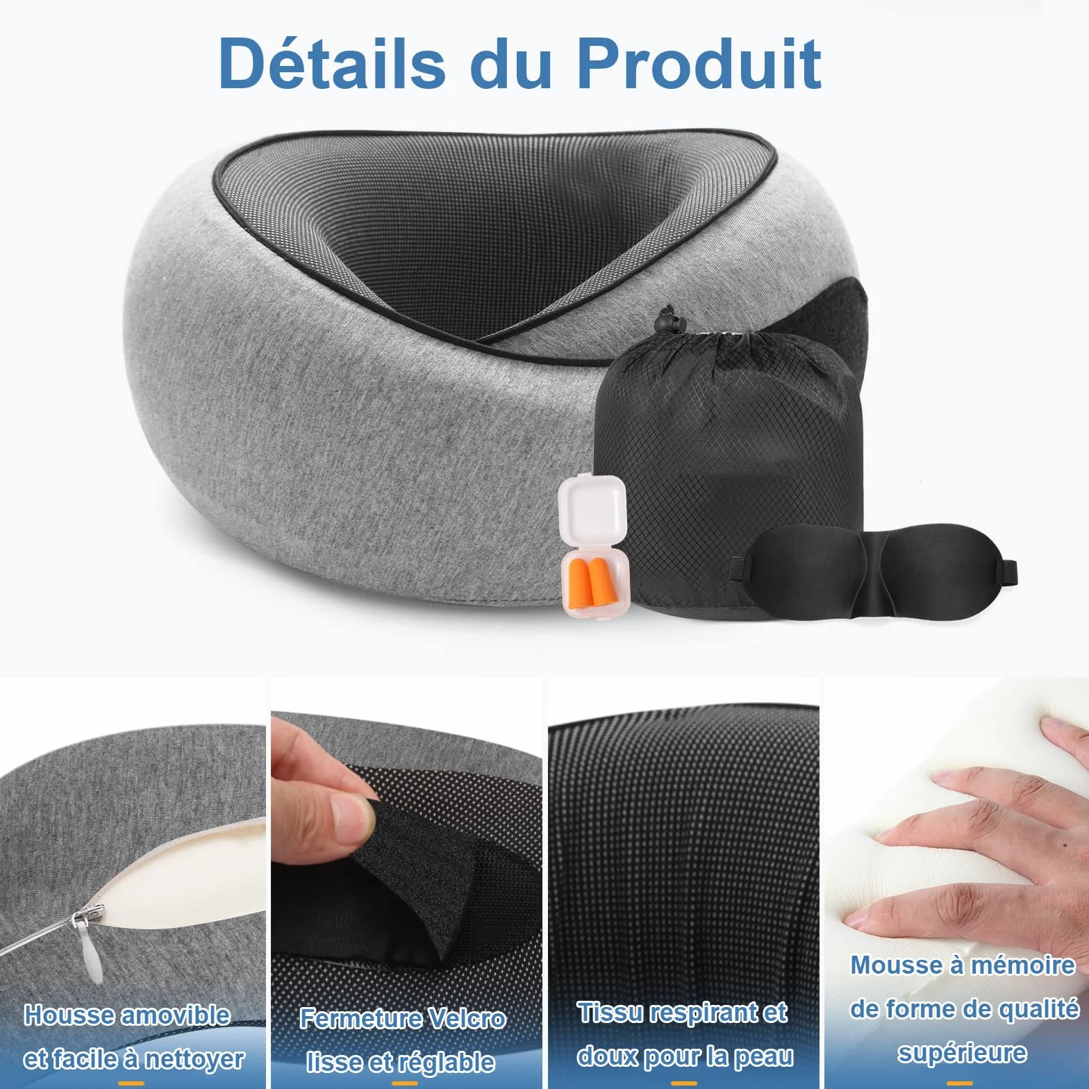 Nomadike-s NOMAREST Coussin de Voyage Mémoire de Forme Oreiller Ergonomique Mousse Avion Voiture Gris