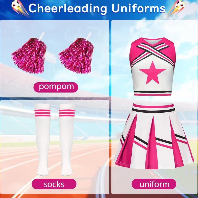 Costume Pom Pom Girl Enfant avec Bandeau Pompons et Chaussettes pour Carnaval Halloween