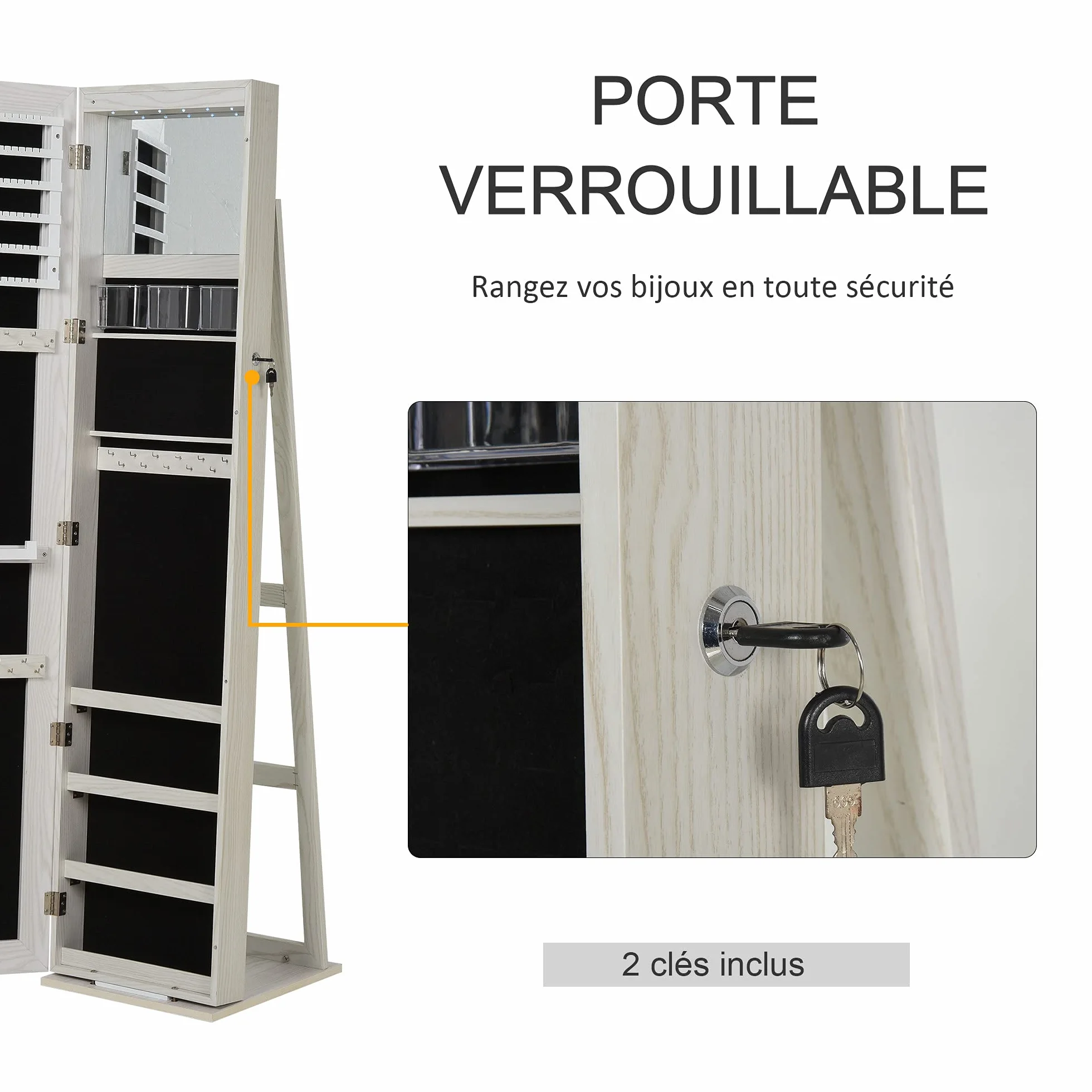 HOMCOM Armoire à Bijoux avec Miroir sur Pied LED Blanc 38x38x157 cm
