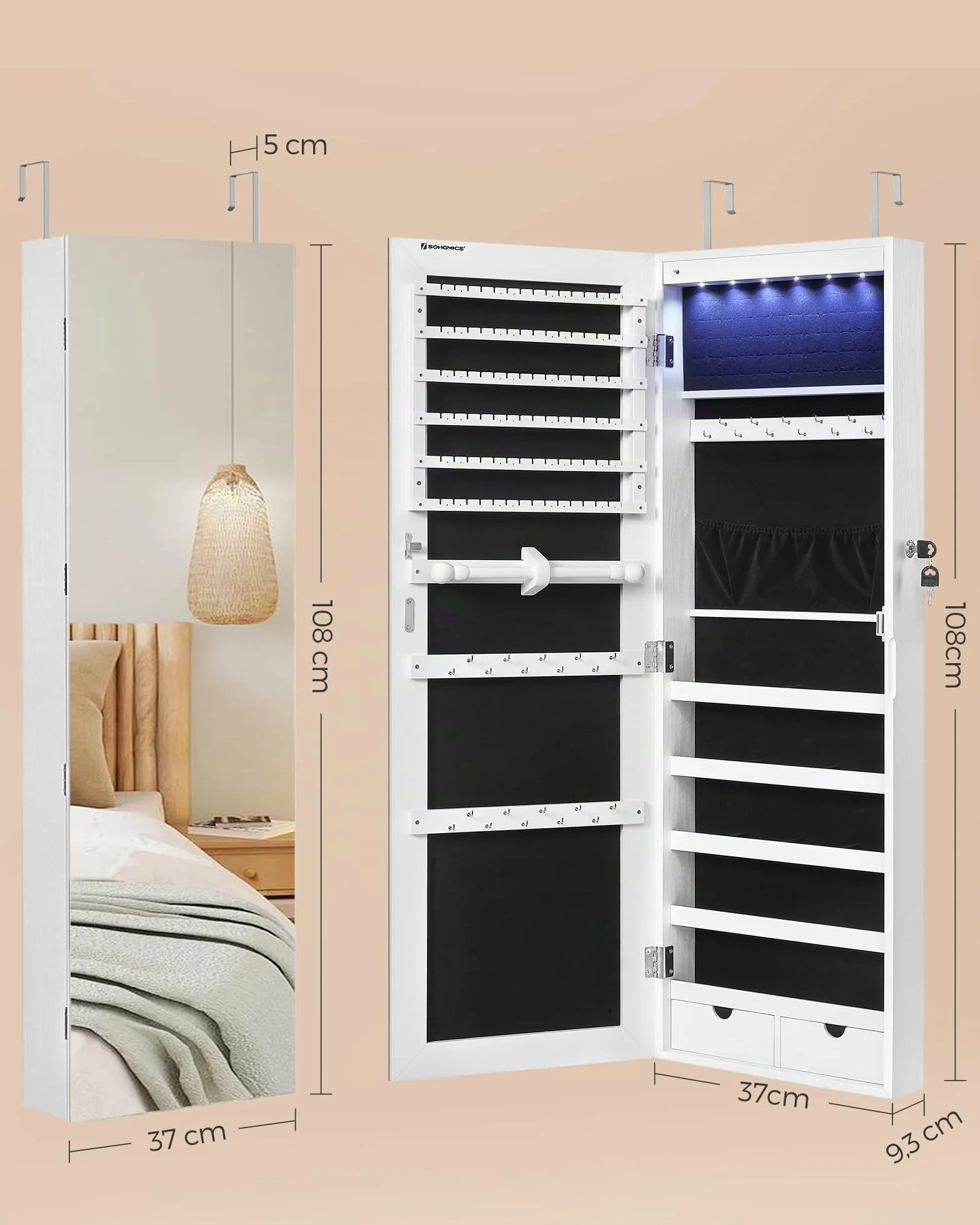 SONGMICS Armoire à Bijoux avec Miroir Long, 6 Lampes LED, 2 Tiroirs, Blanc JJC99WT