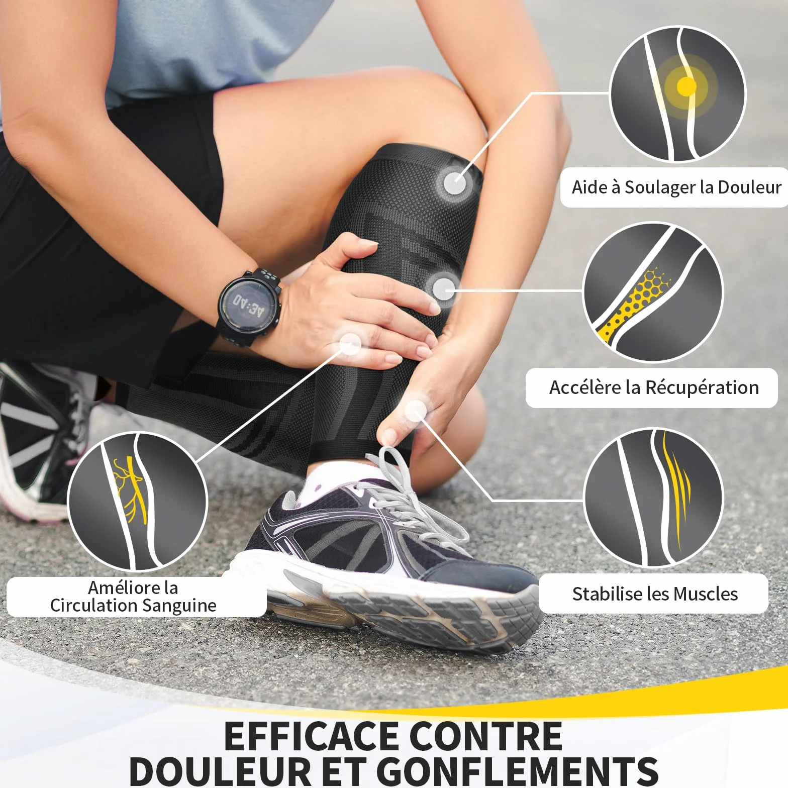 CAMBIVO Manchon Compression Mollet x2, Bas de Contention Femme Homme, Chaussettes Compression sans Pied