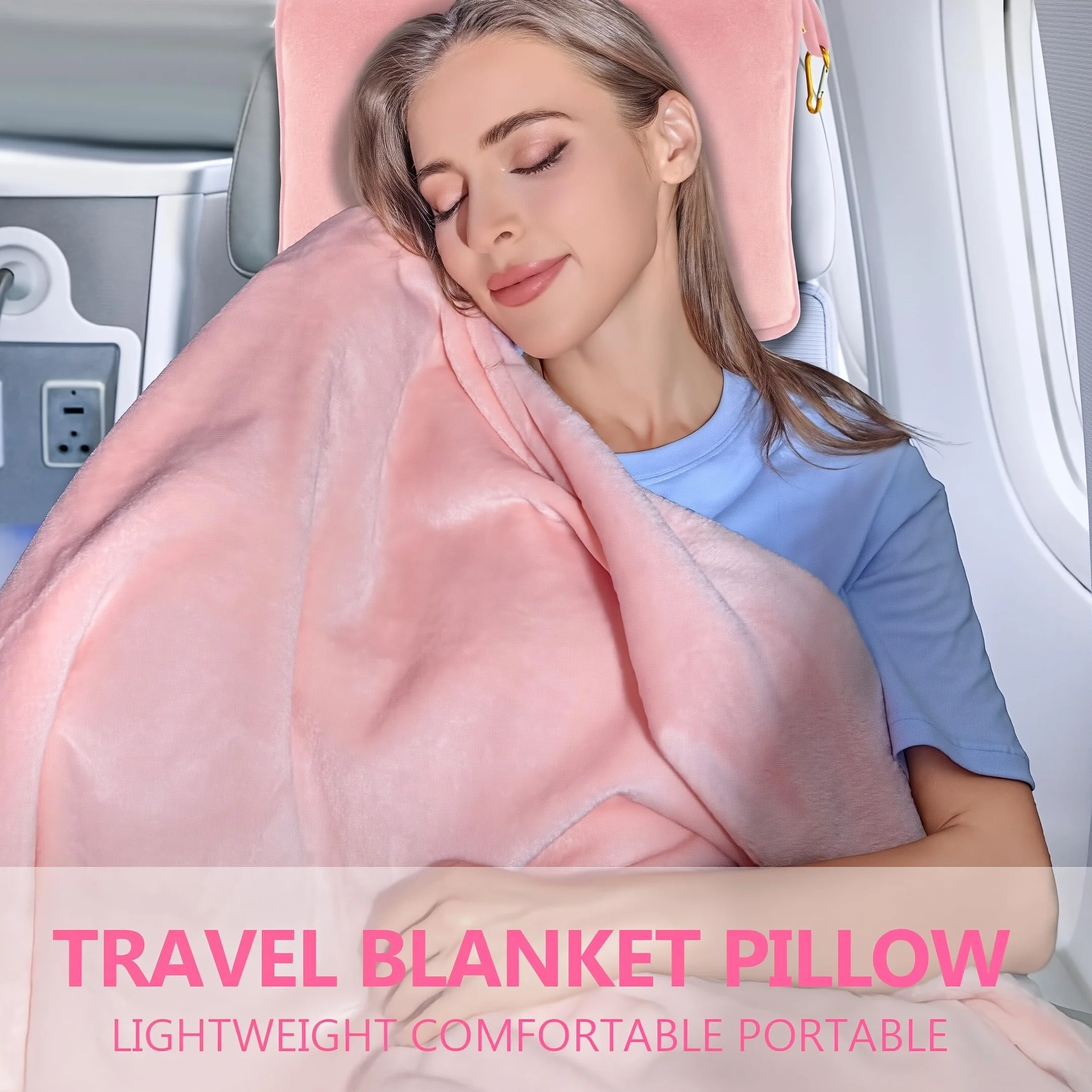 NHQZ Couverture de Voyage Douce et Chaude pour Avion et Voiture - Oreiller Compact avec Clip pour Sac à Dos (Rose)