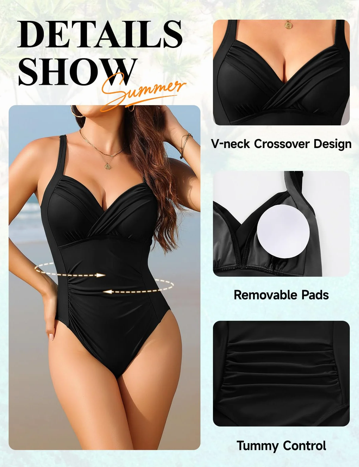 Nadeer Maillot de Bain Femme 1 Pièce Monokini Push Up Ventre Plat Col en V Bretelles Réglables Beachwear