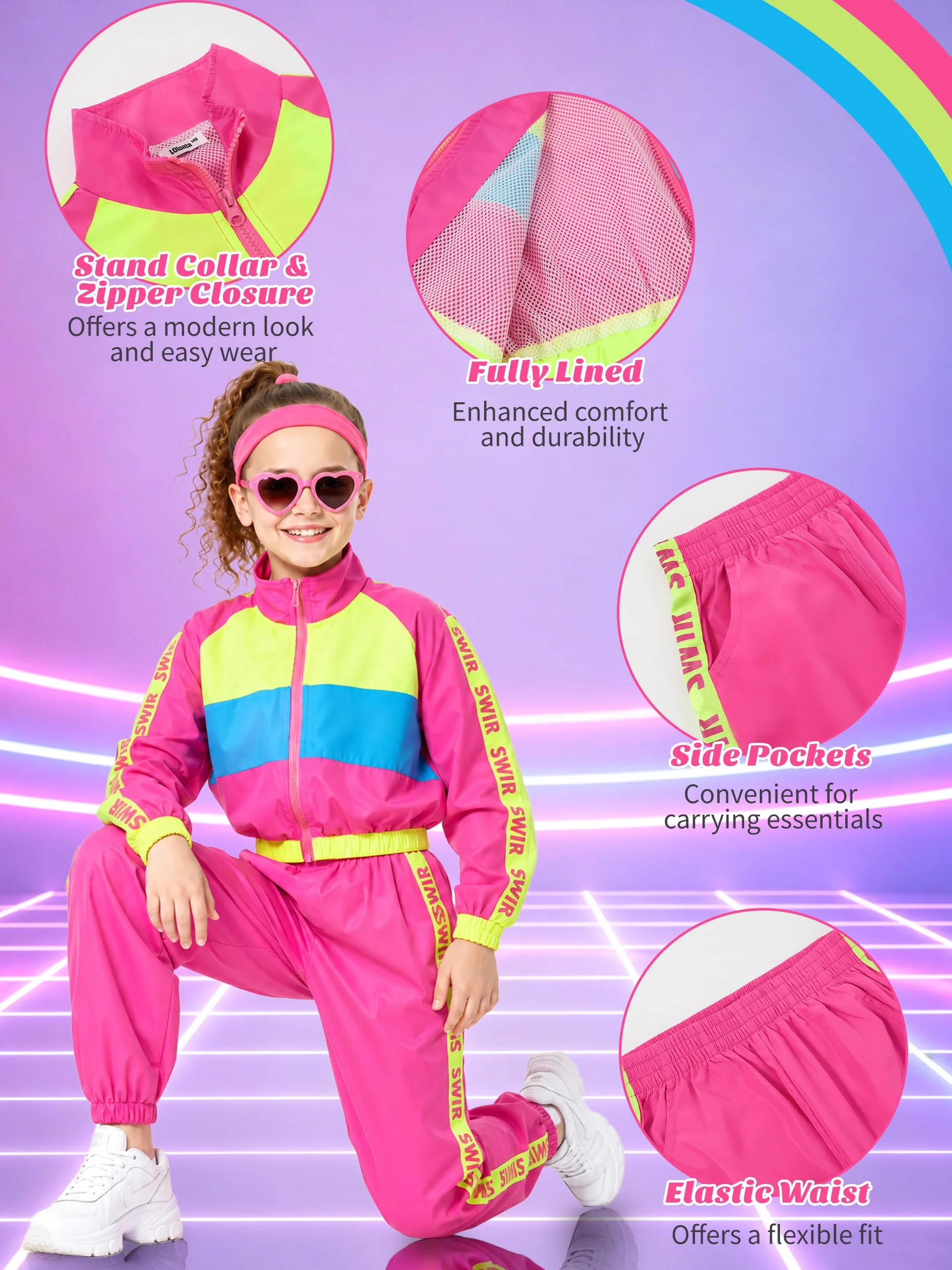 LOLANTA Ensemble 3 Pièces Hip-Hop Filles Survêtement Rétro Colorblock Années 80 4-13 Ans