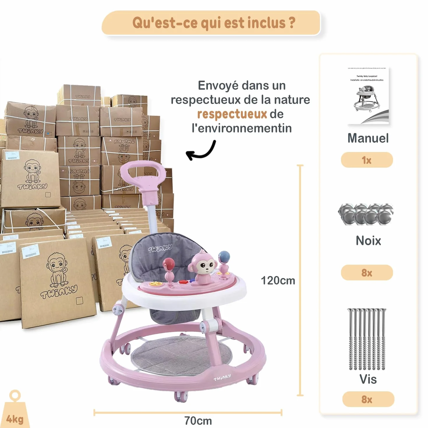 Twinky Trotteur Bebe avec ensemble de jeu et tapis de sol - Aide à la marche robuste 4 positions réglables - Rose