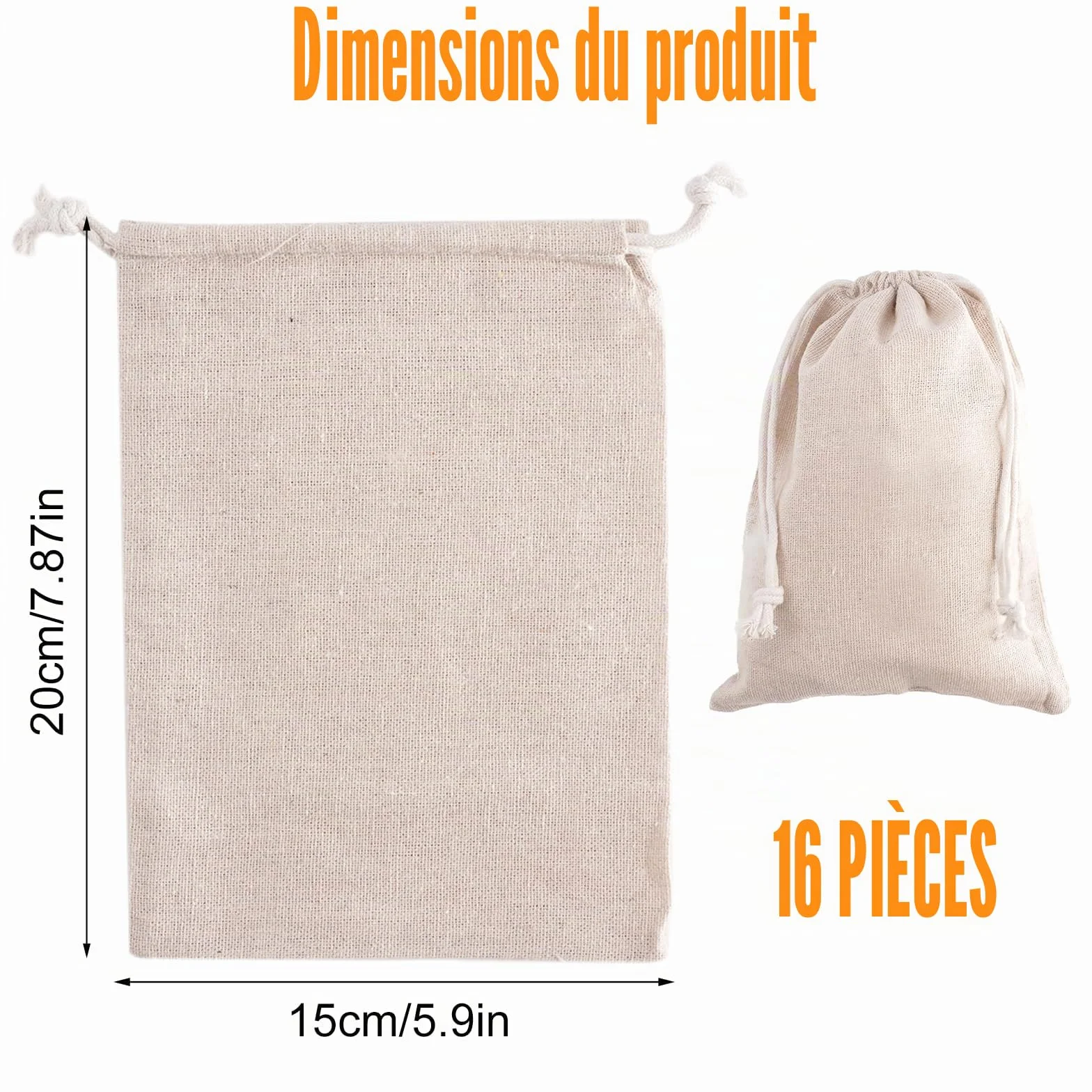 Sacs en Tissu avec Cordon Lot de 16, 15x20 cm, Sachets en Coton Lin Jute pour Cadeaux Mariages Noël