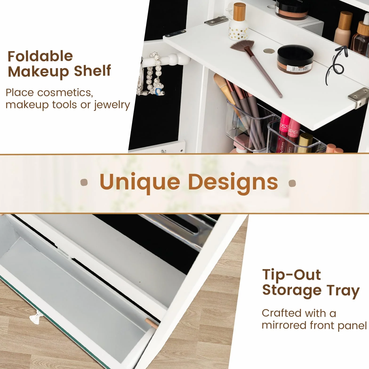 HOMASIS Armoire suspendue pour bijoux avec miroir et serrure, éclairage LED 3 couleurs, étagère pliable, 120 x 37 x 11 cm
