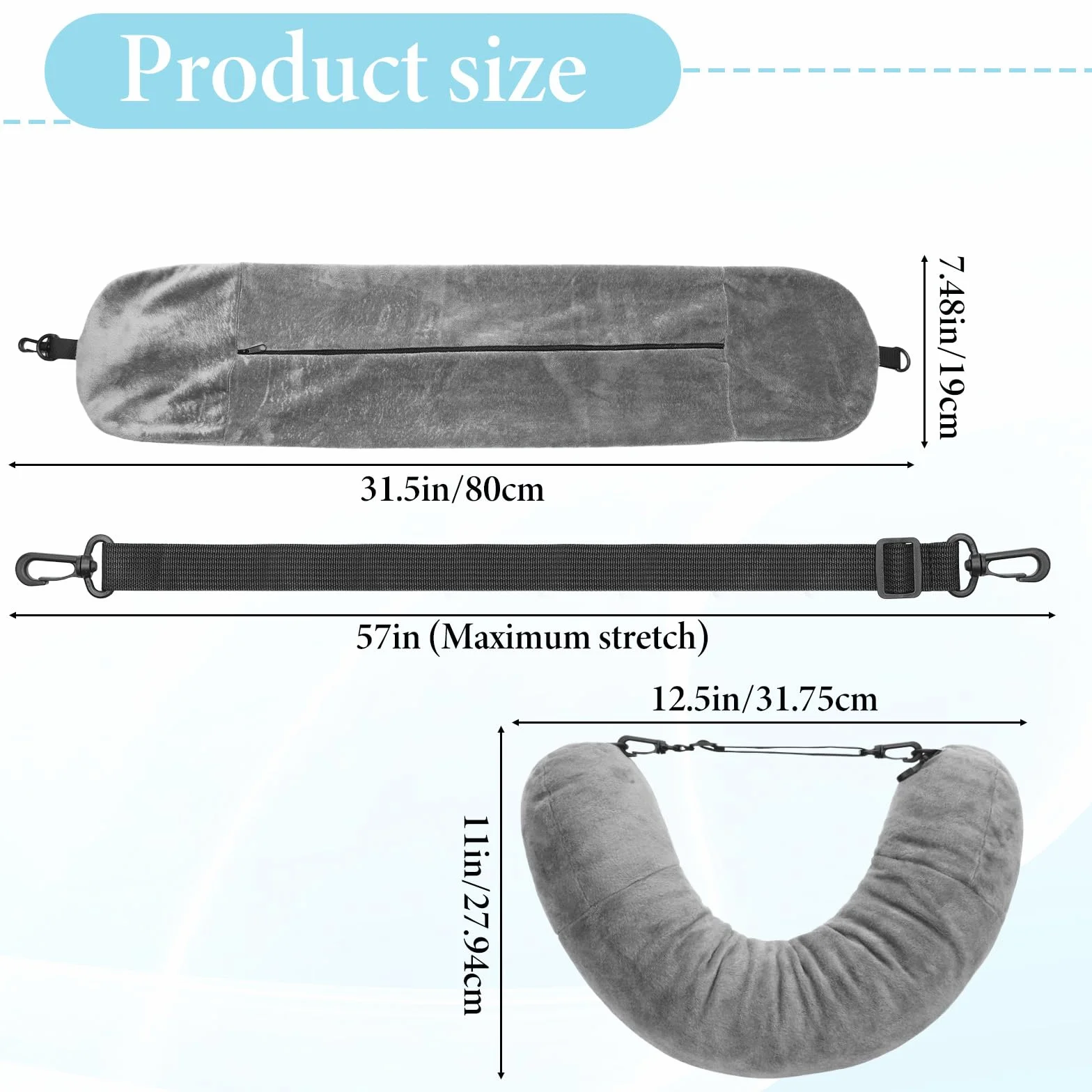 Qianyu Coussin de nuque rechargeable 80 x 19 cm imperméable forme U voyage