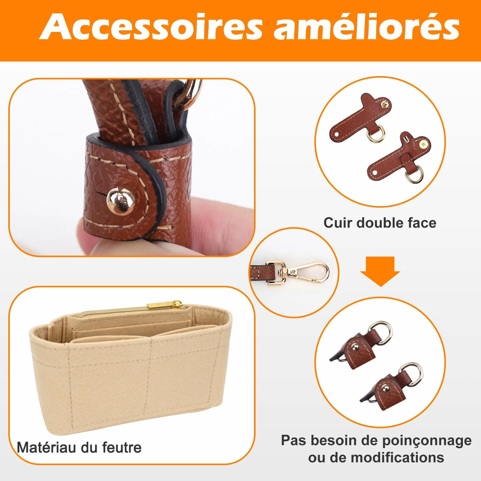 GADITIEK Organisateur pour Sac Longchamp, Lanière en Cuir et Feutre, Anse de Sac