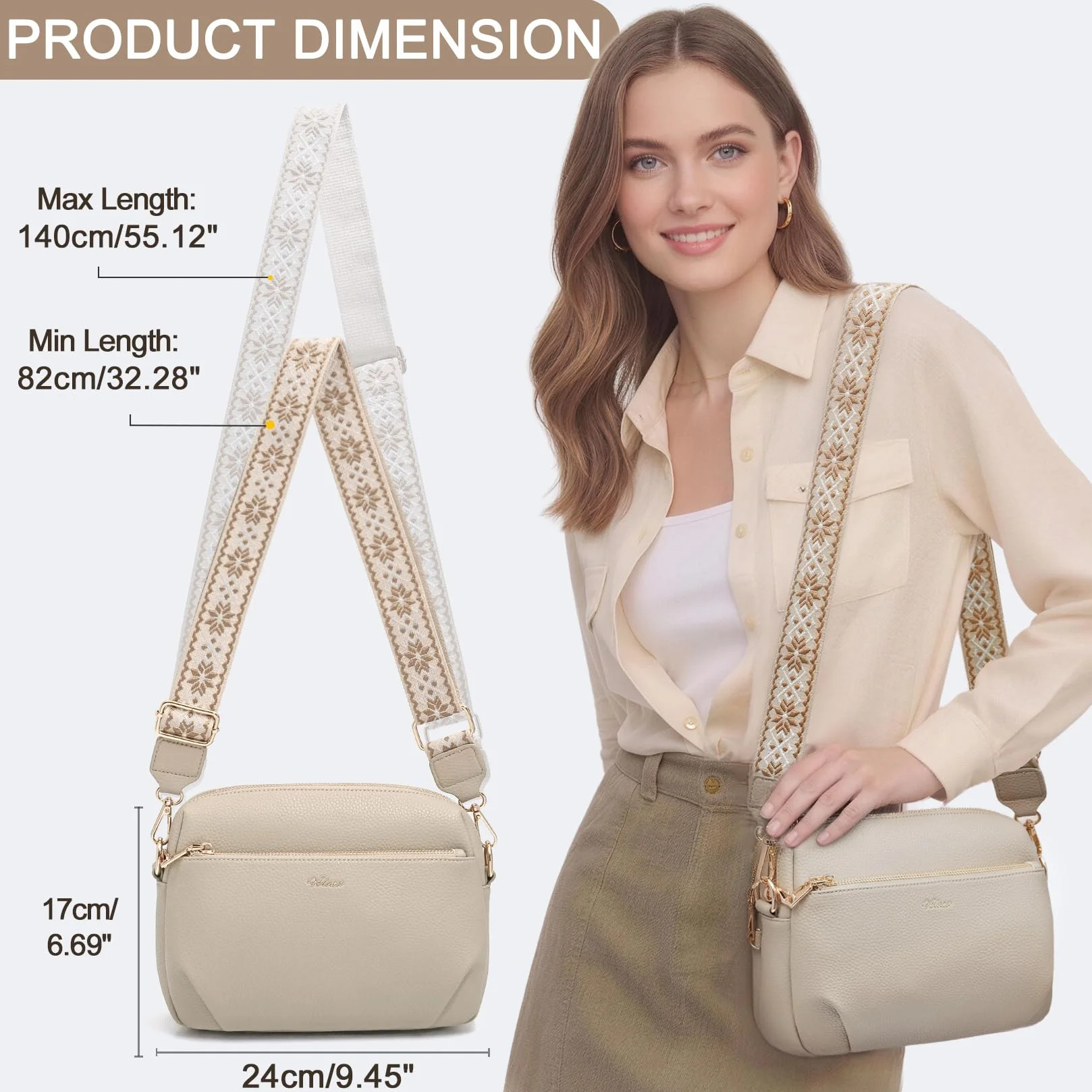 Sac à Main Femme Bandoulière Antivol RFID 4 Compartiments Sangle Réglable Amovible