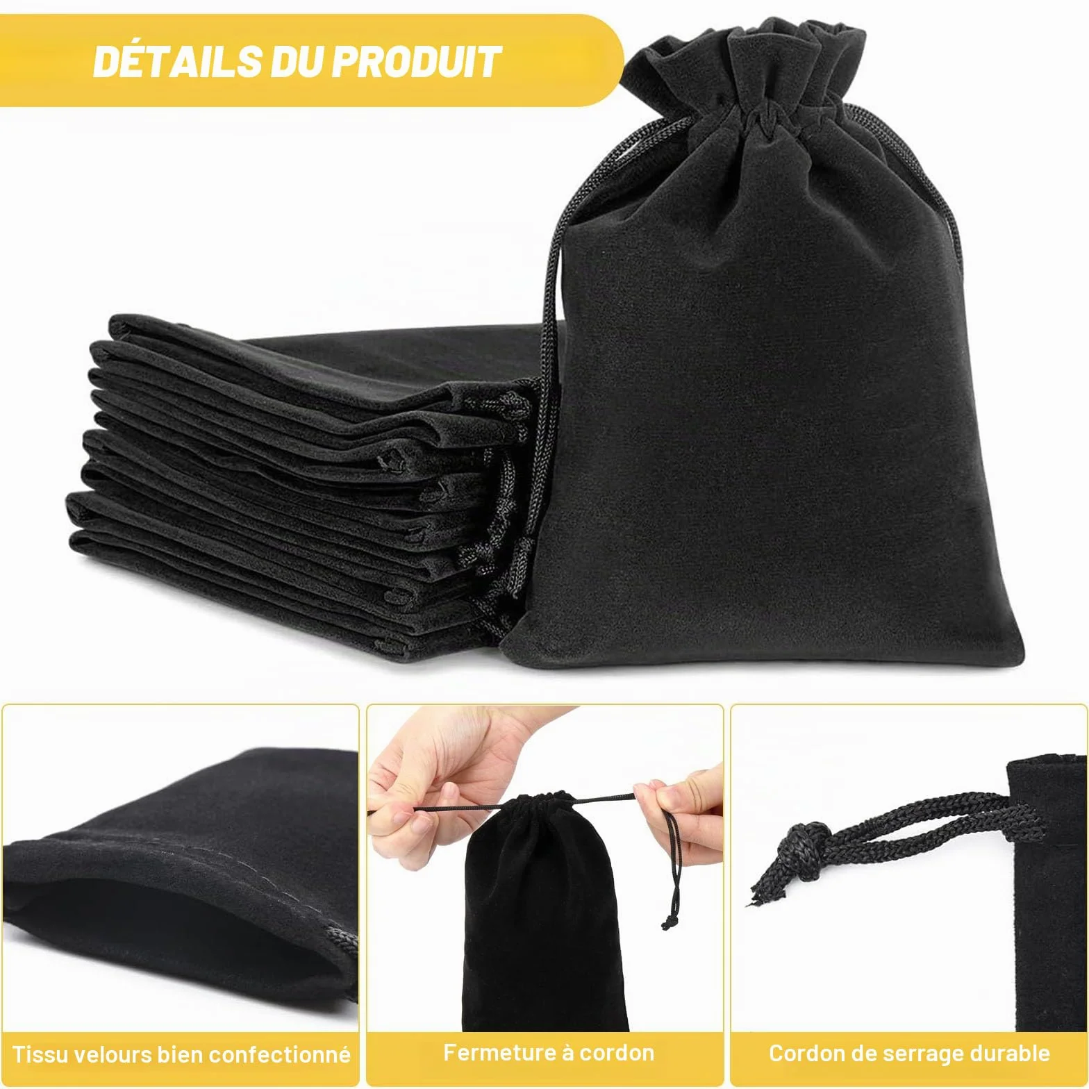 Pochette Velours Noir Pochon Bijoux avec Cordon Rangement Sac 9,5 x 14,5cm