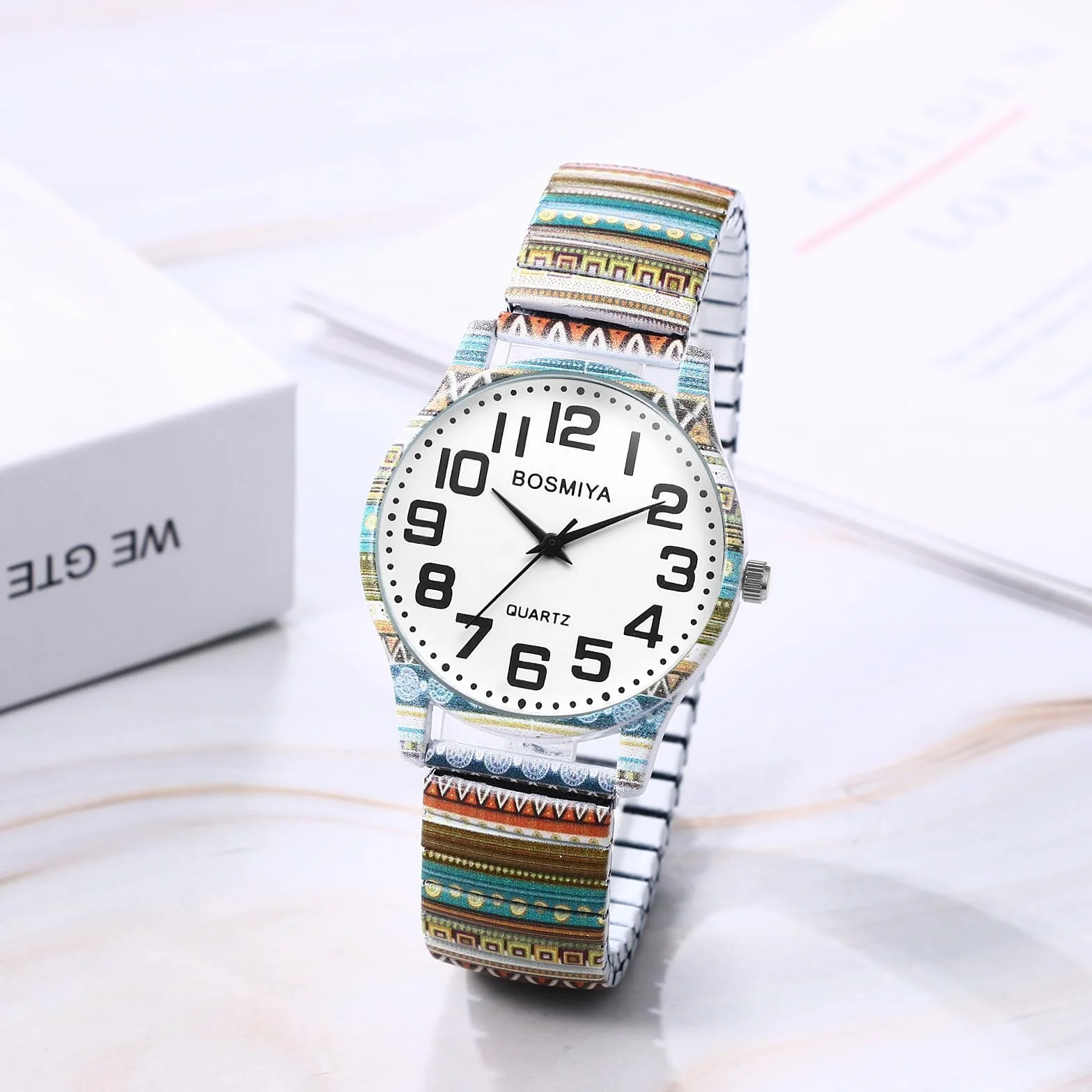 Montre Femme Bohème Extensible Acier Inoxydable Bracelet Élastique Fantaisie Grand Chiffres Arabes