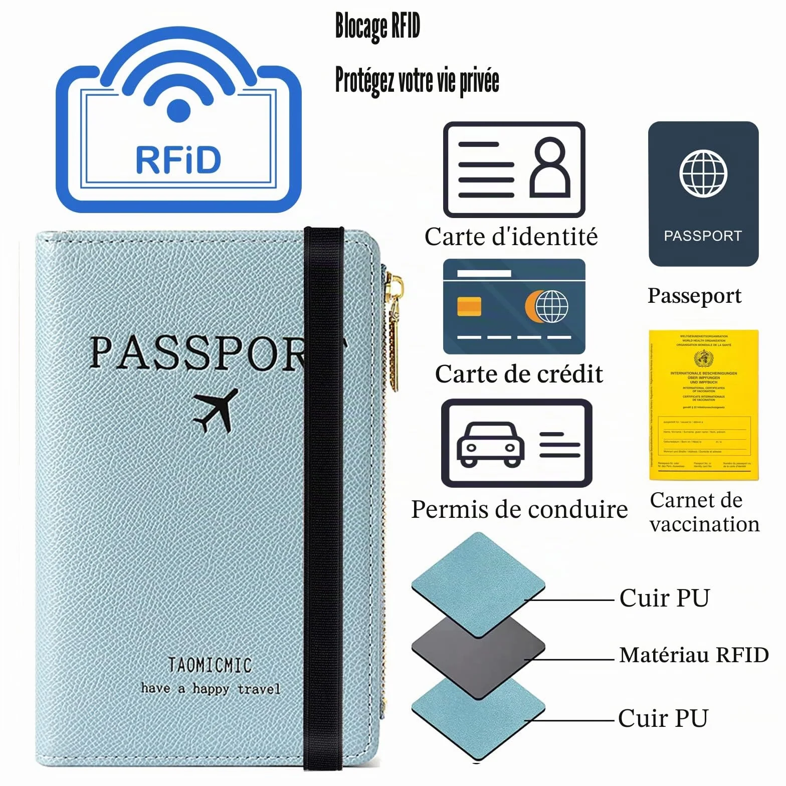 Toctax Protege Passeport Cuir Artificiel RFID-Blocker Pochette Passeport Zippé Bleu
